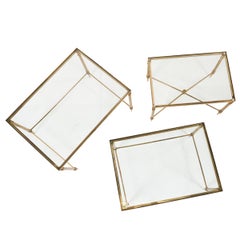 Set of 3 Brass Nesting Tables with Glass Top, France