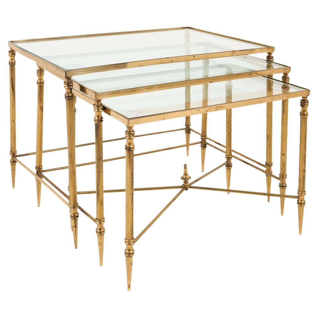 Set of 3 Brass Nesting Tables with Glass Top, France