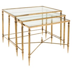 Set of 3 Brass Nesting Tables with Glass Top, France