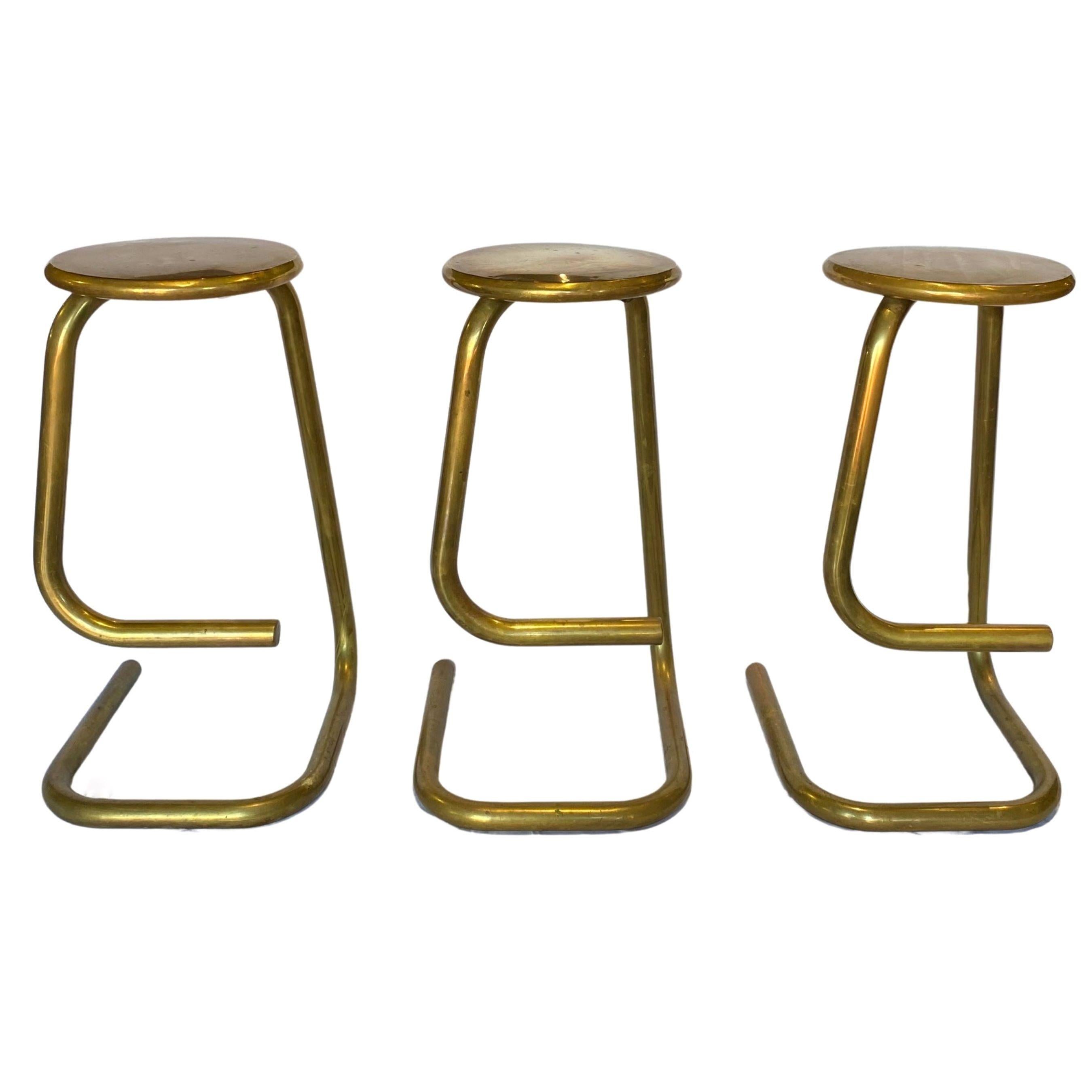 Kinetics Furniture
Canada
1970's
Extremely Rare Set of 3 Brass Paperclip Bar Stools
Designed by Hugh Hamilton & Philip Salmon
Each Stool weighs 24+ LBS.
 