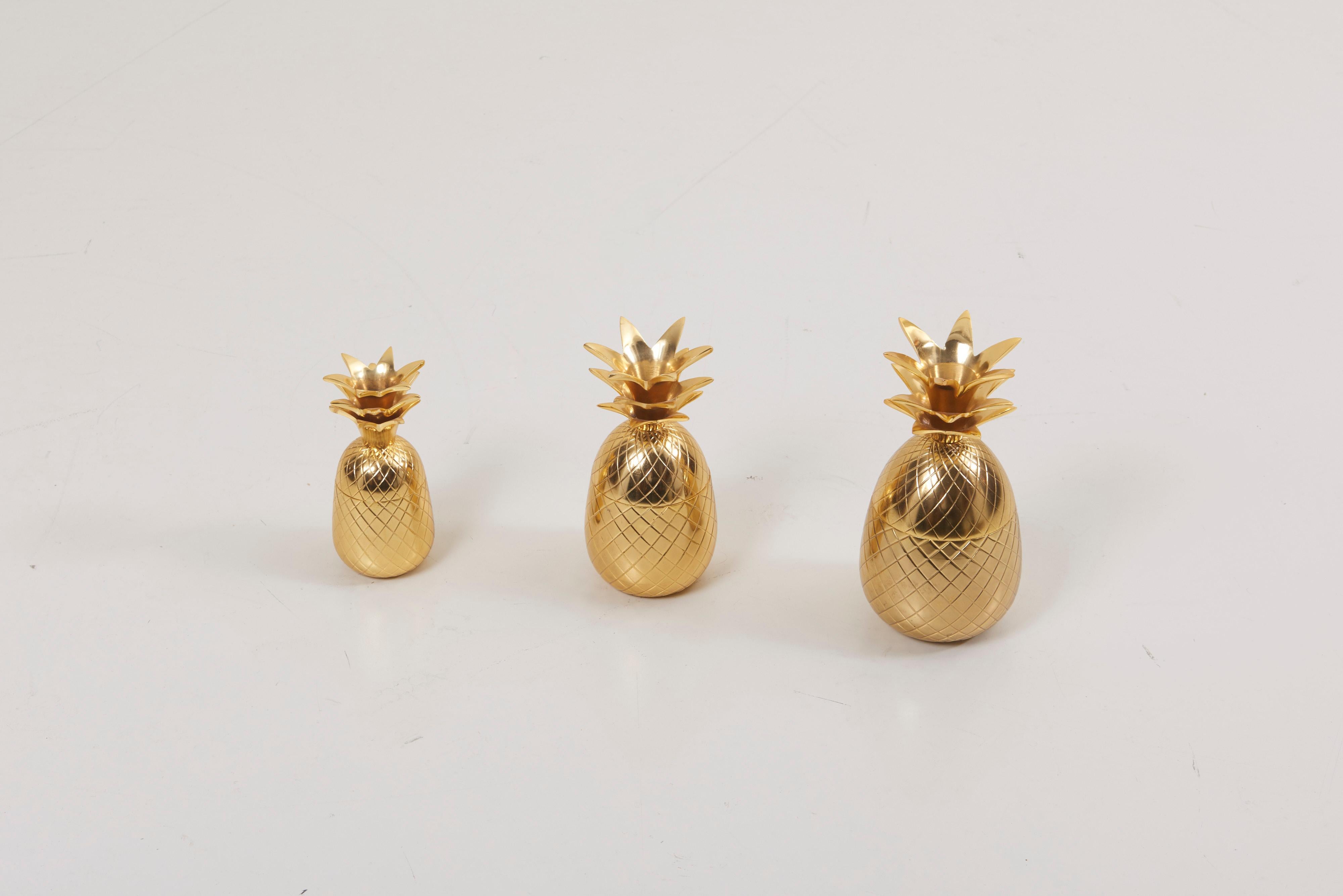 Wonderful set of 3 brass pineapple ice bucket, trinket or candy boxes.