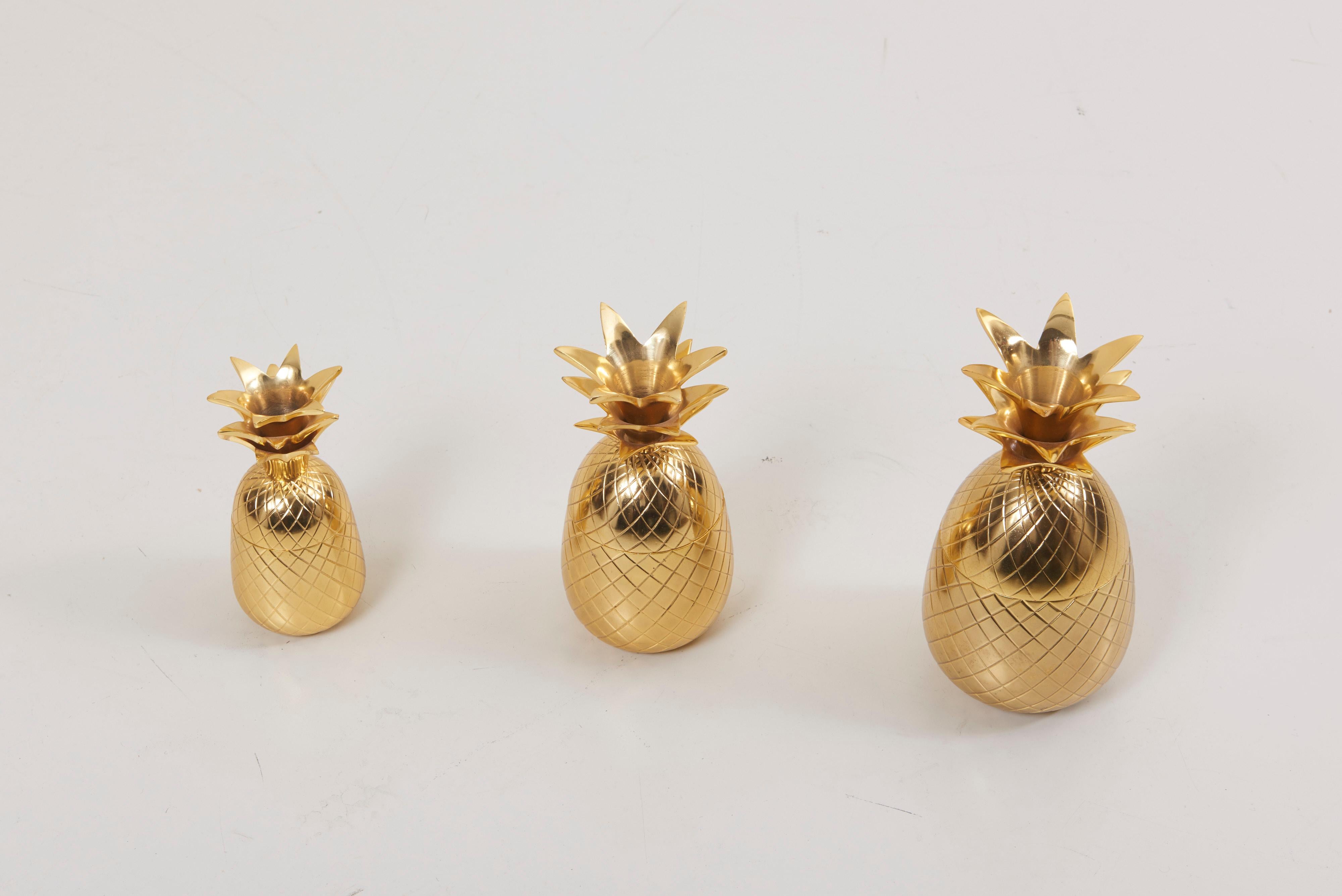 Hollywood Regency Set of 3 Brass Pineapple Ice Buckets or Candy Boxes For Sale