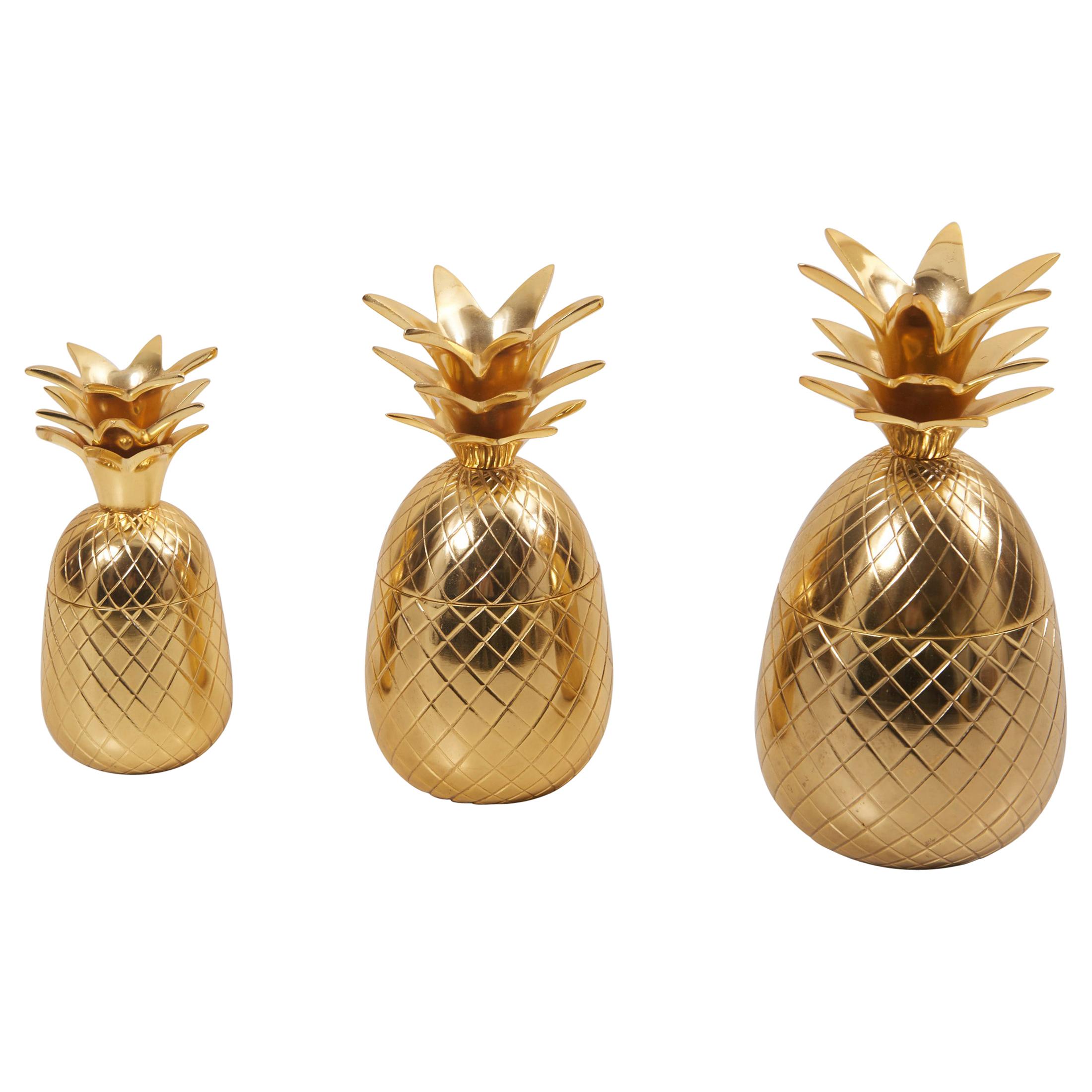 Set of 3 Brass Pineapple Ice Buckets or Candy Boxes For Sale