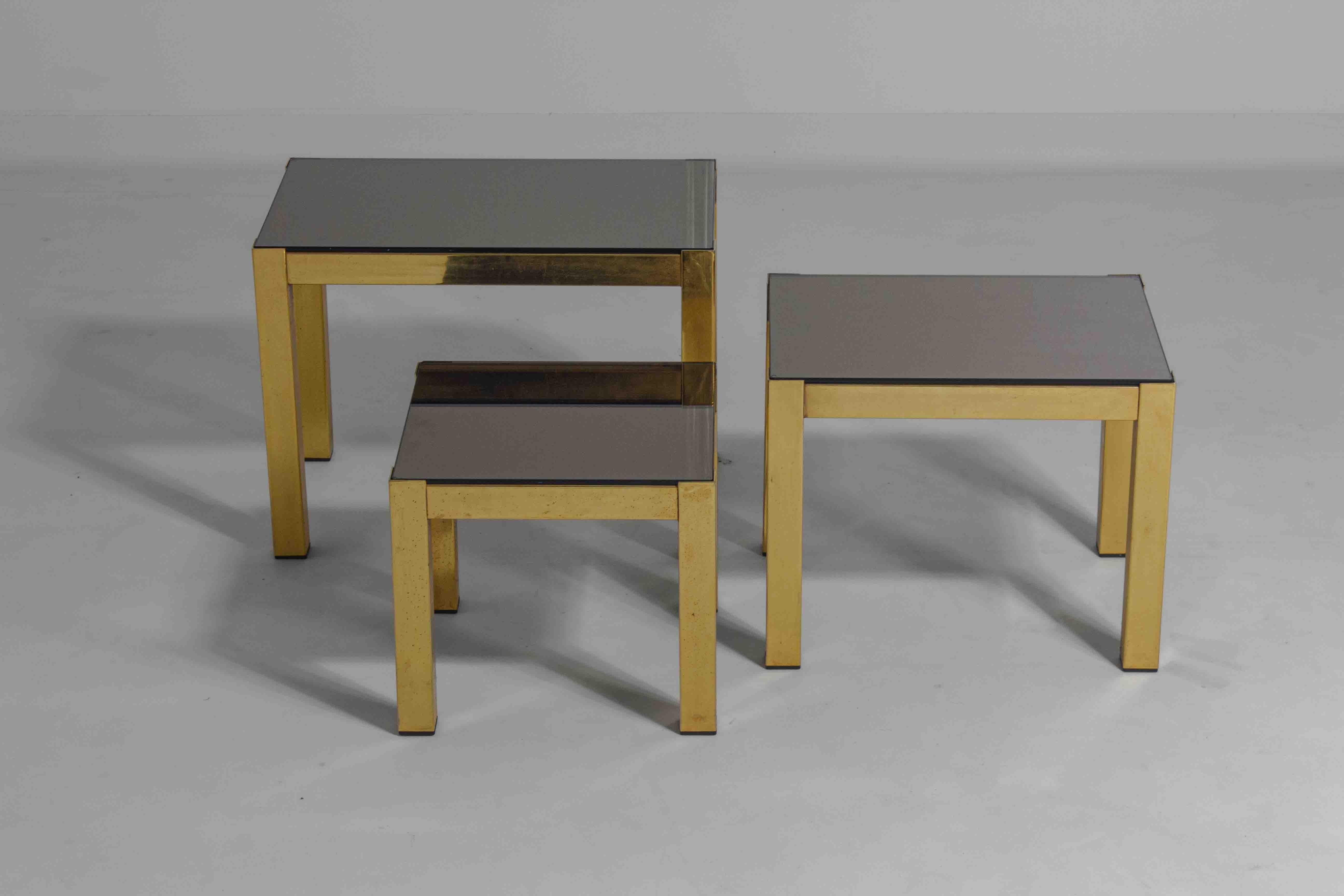 Hollywood Regency Set of 3 brass regency nesting tables, Belgium 1980s For Sale