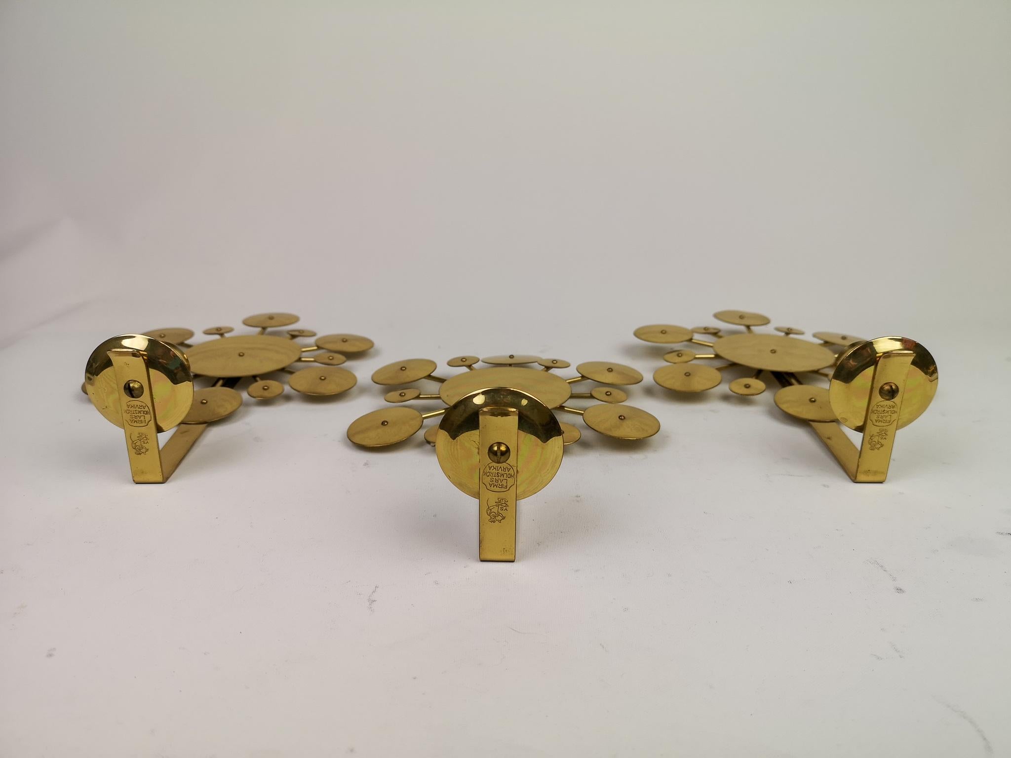 Scandinavian Modern Set of 3 Brass Wall Candlesticks 