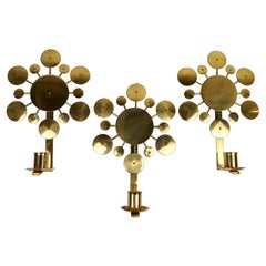 Set of 3 Brass Wall Candlesticks "Sunburst" Holmström, Arvika, Sweden, 1960s