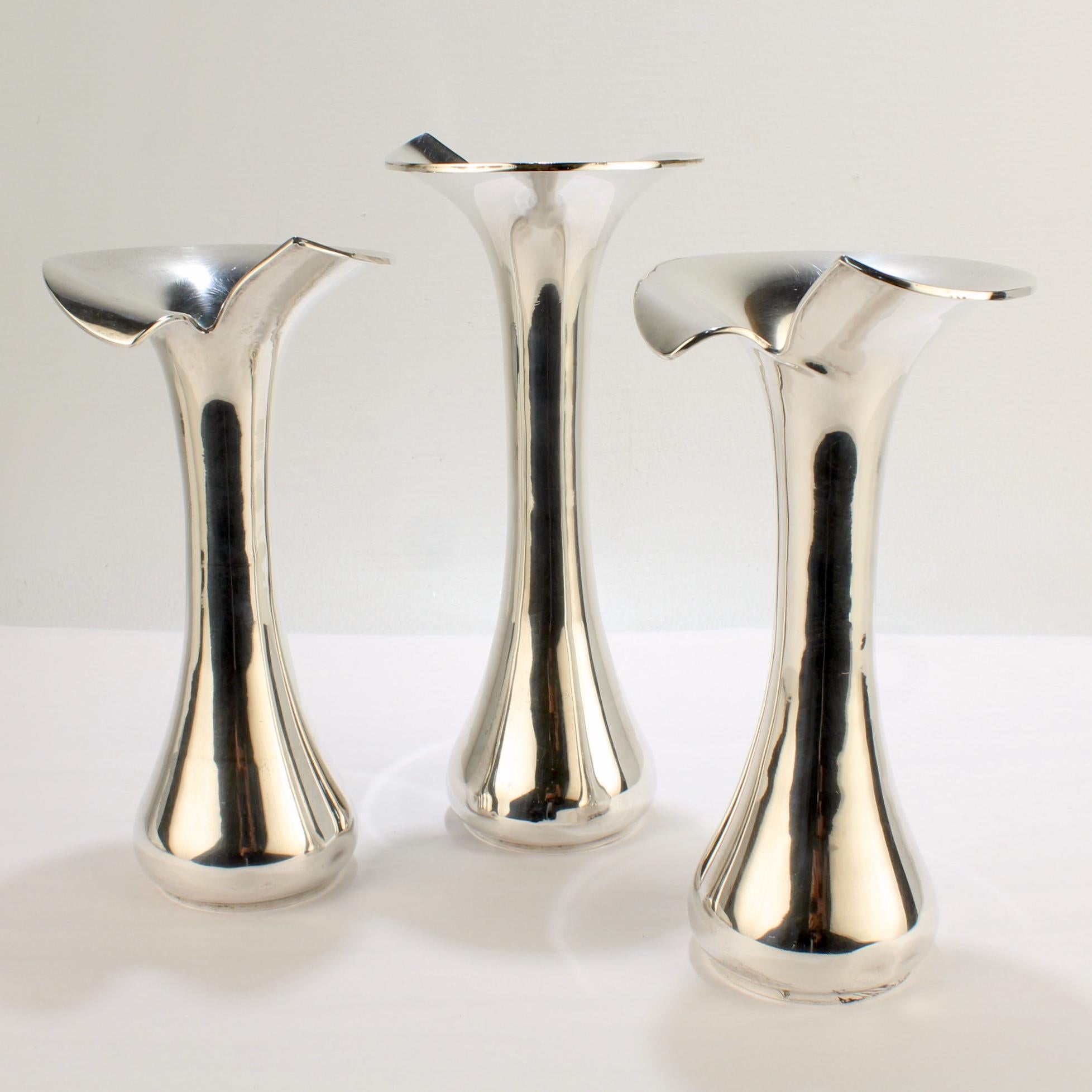 Set of 3 Brazilian Modernist .900 Solid Silver Flower Vases In Fair Condition In Philadelphia, PA