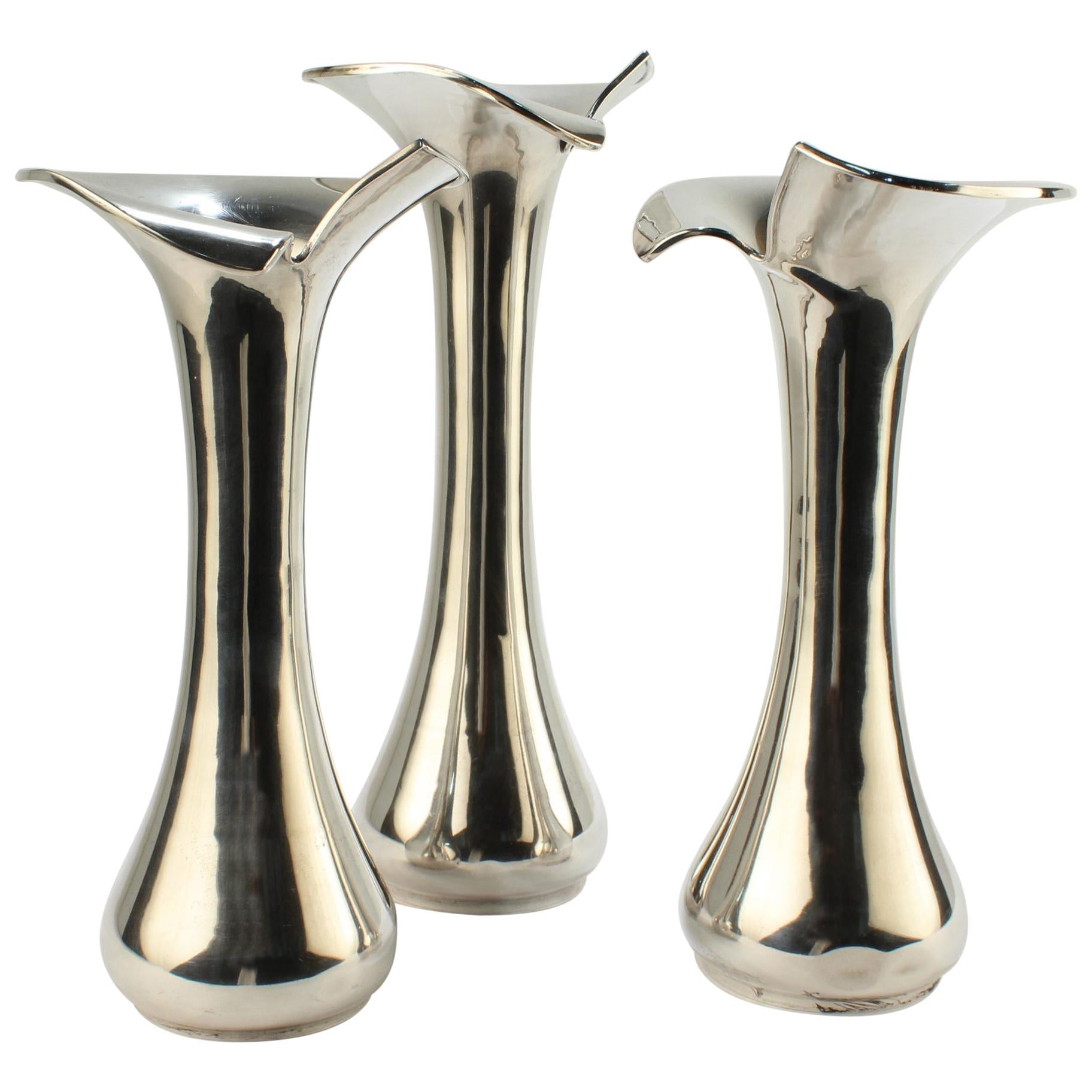 Set of 3 Brazilian Modernist .900 Solid Silver Flower Vases For Sale