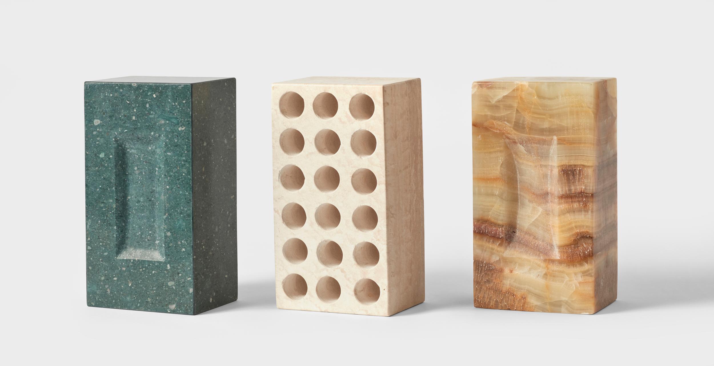 Set Of 3 BRICKS by Estudio Rafael Freyre
Dimensions: W 12.5 D 9 x H 23 cm 
Materials: Andes Stones
Also Available: Other finishes available,

The brick is a generic constructive element that constitutes part of the urban imaginary. In Peru,