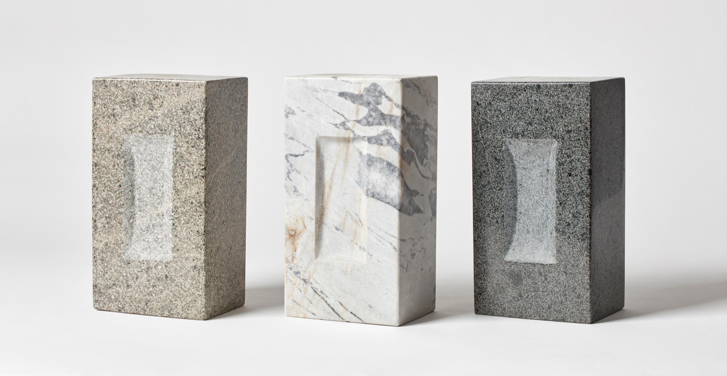 Set of 3 Bricks by Estudio Rafael Freyre
Dimensions: W 12.5 D 9 x H 23 cm 
Materials: Andes Stones
Also Available: Other finishes available.

The brick is a generic constructive element that constitutes part of the urban imaginary. In Peru,