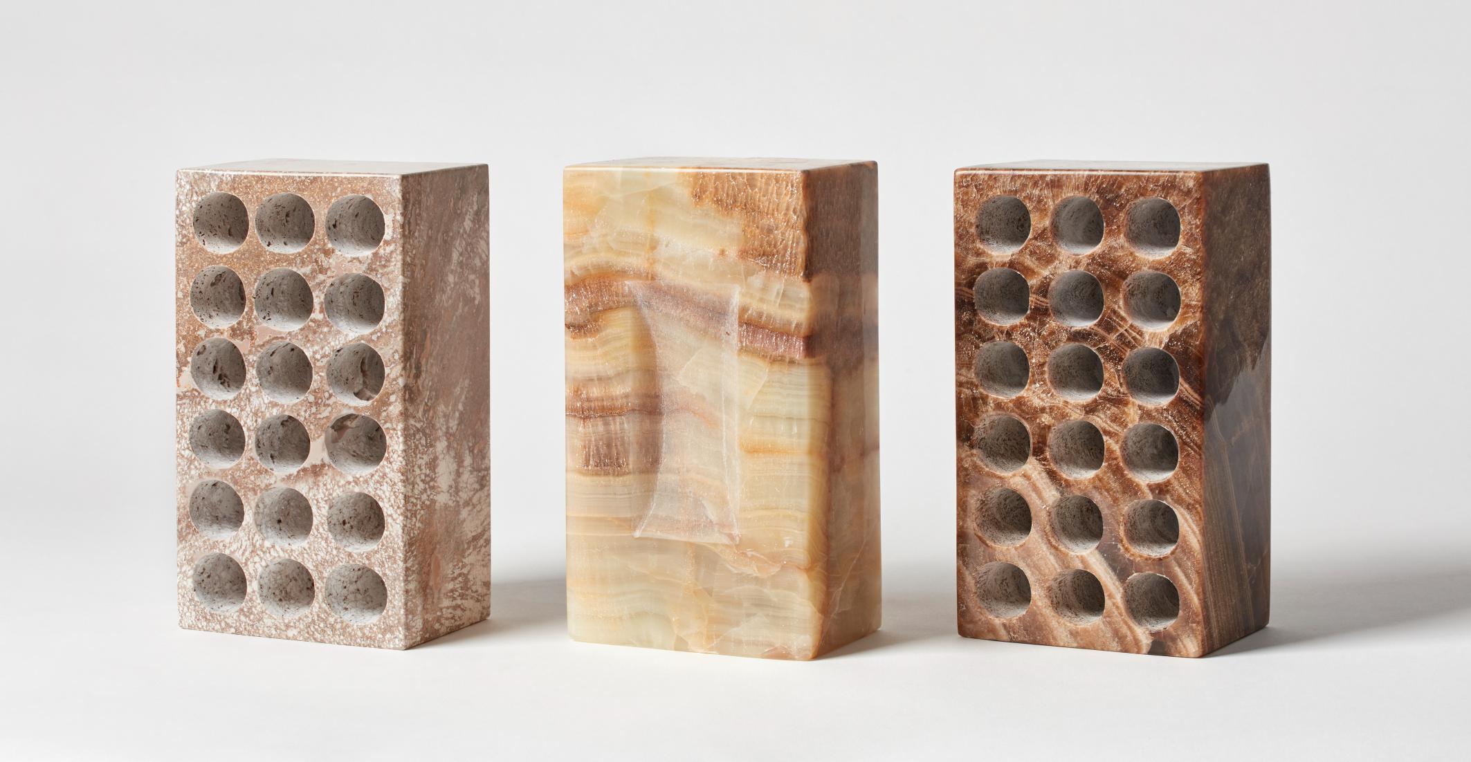 Set of 3 bricks by Estudio Rafael Freyre
Dimensions: W 12.5 D 9 x H 23 cm 
Materials: Andes Stones
Also available: Other finishes available

The brick is a generic constructive element that constitutes part of the urban imaginary. In Peru,