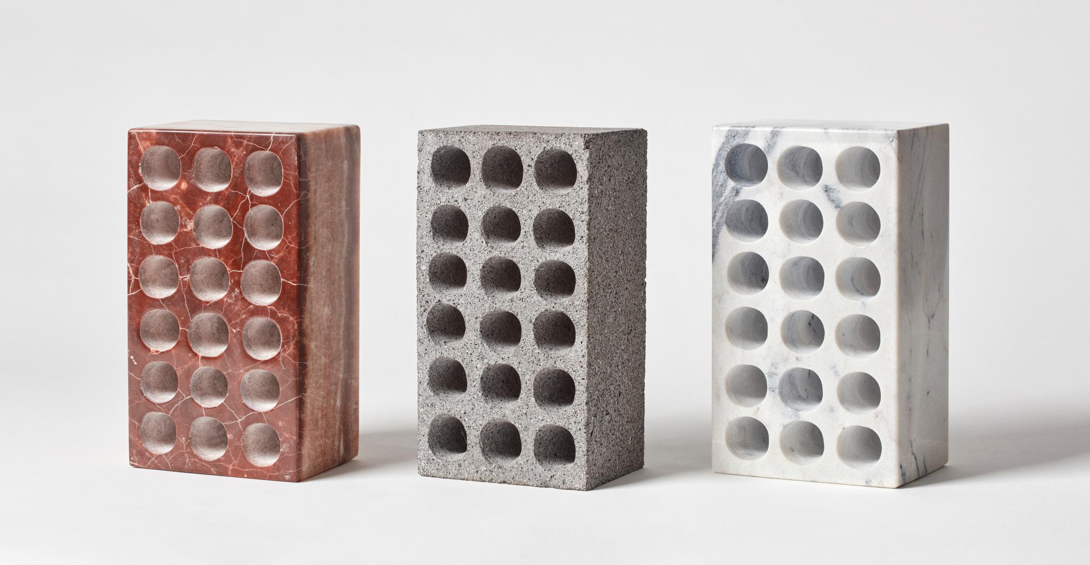 Set of 3 Bricks by Estudio Rafael Freyre
Dimensions: W 12.5 D 9 x H 23 cm 
Materials: Andes Stones
Also available: Other finishes available.

The brick is a generic constructive element that constitutes part of the urban imaginary. In Peru,