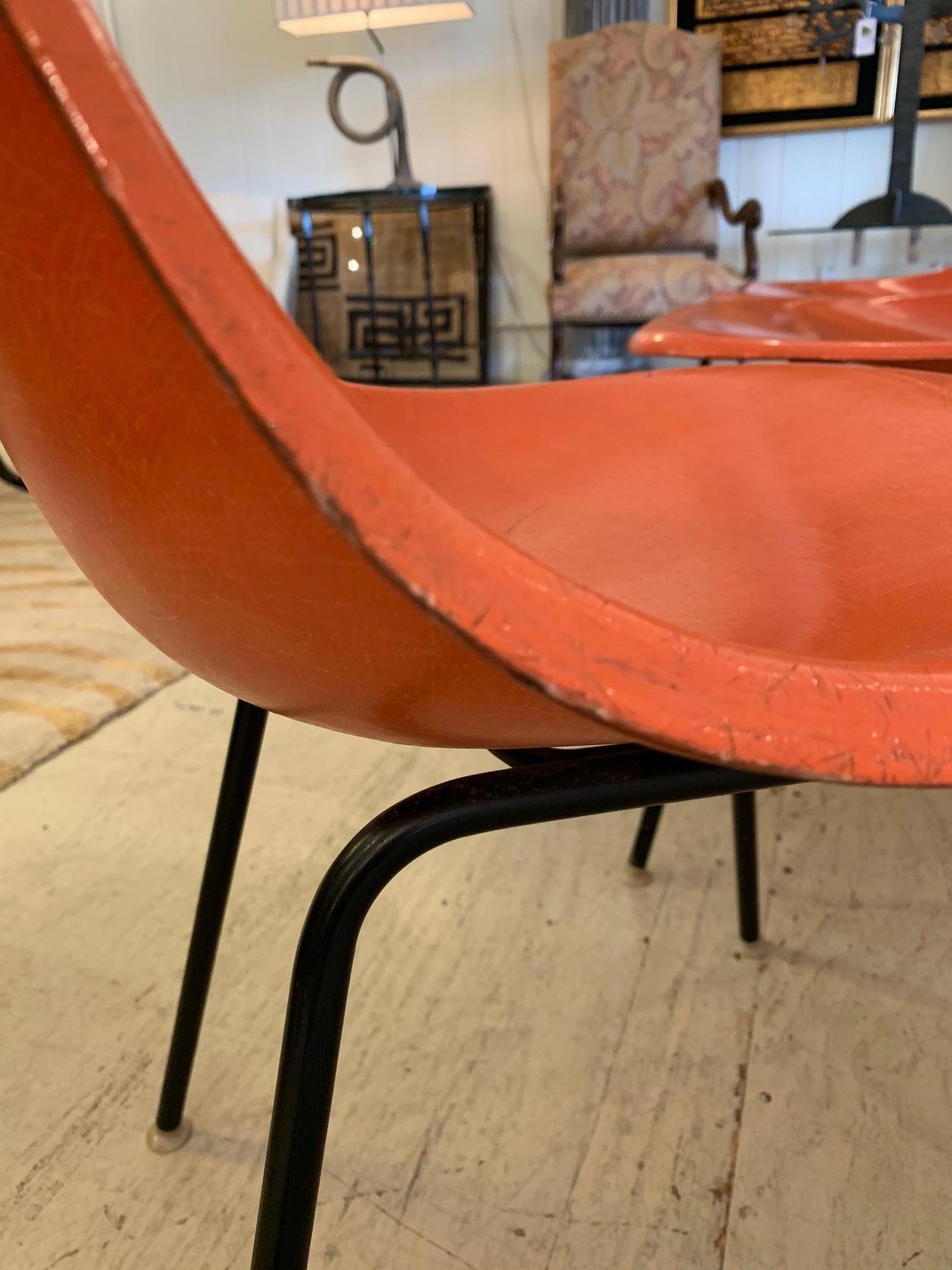 Set of 3 Bright Orange Iconic Mid-Century Modern Shell Eames Chairs 2