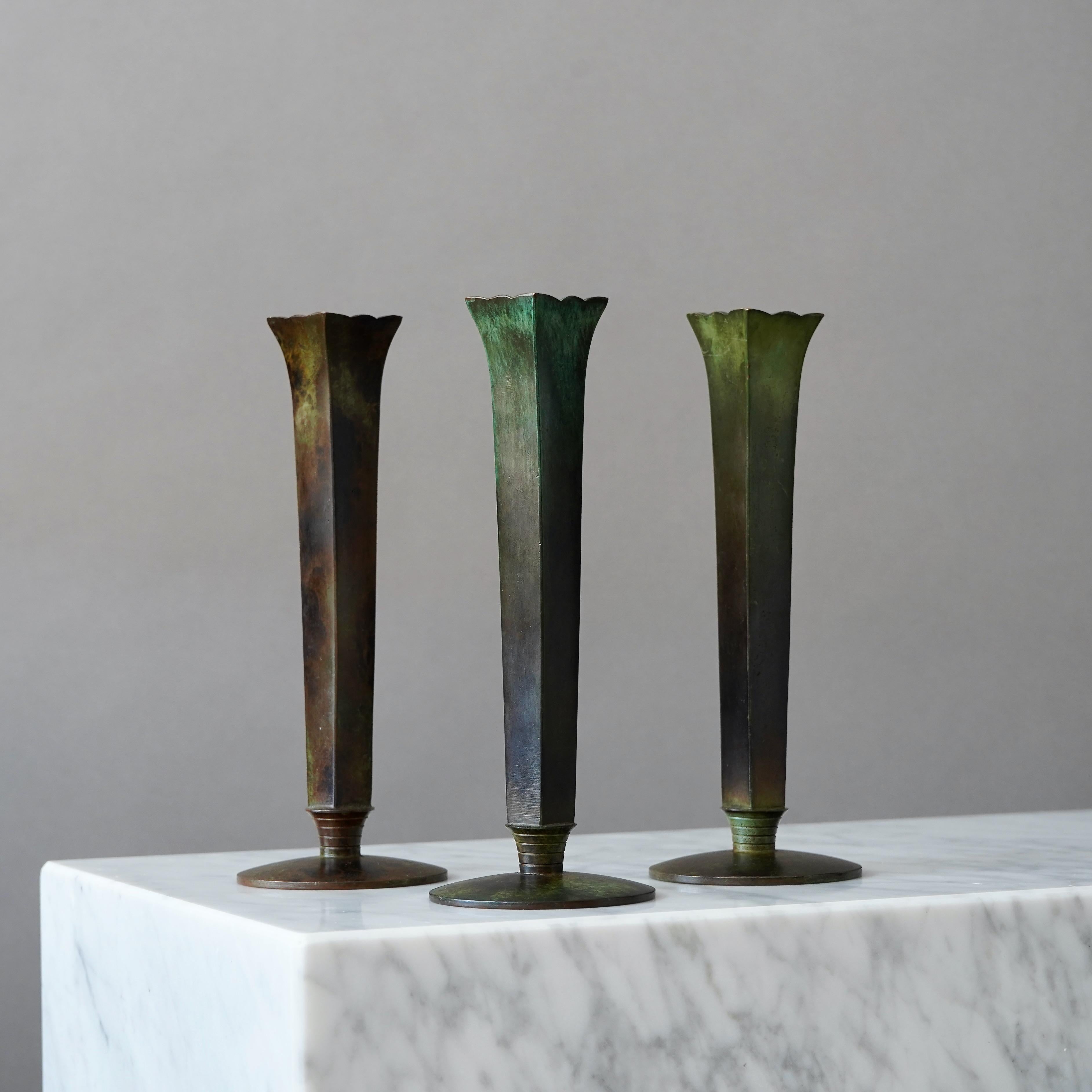 A set of 3 beautiful bronze vases with amazing patina. 
Made by GAB Guldsmedsaktiebolaget, Sweden, 1930s.  

Great condition, with a few light scratches.
Stamped 'BRONS' and makers mark.