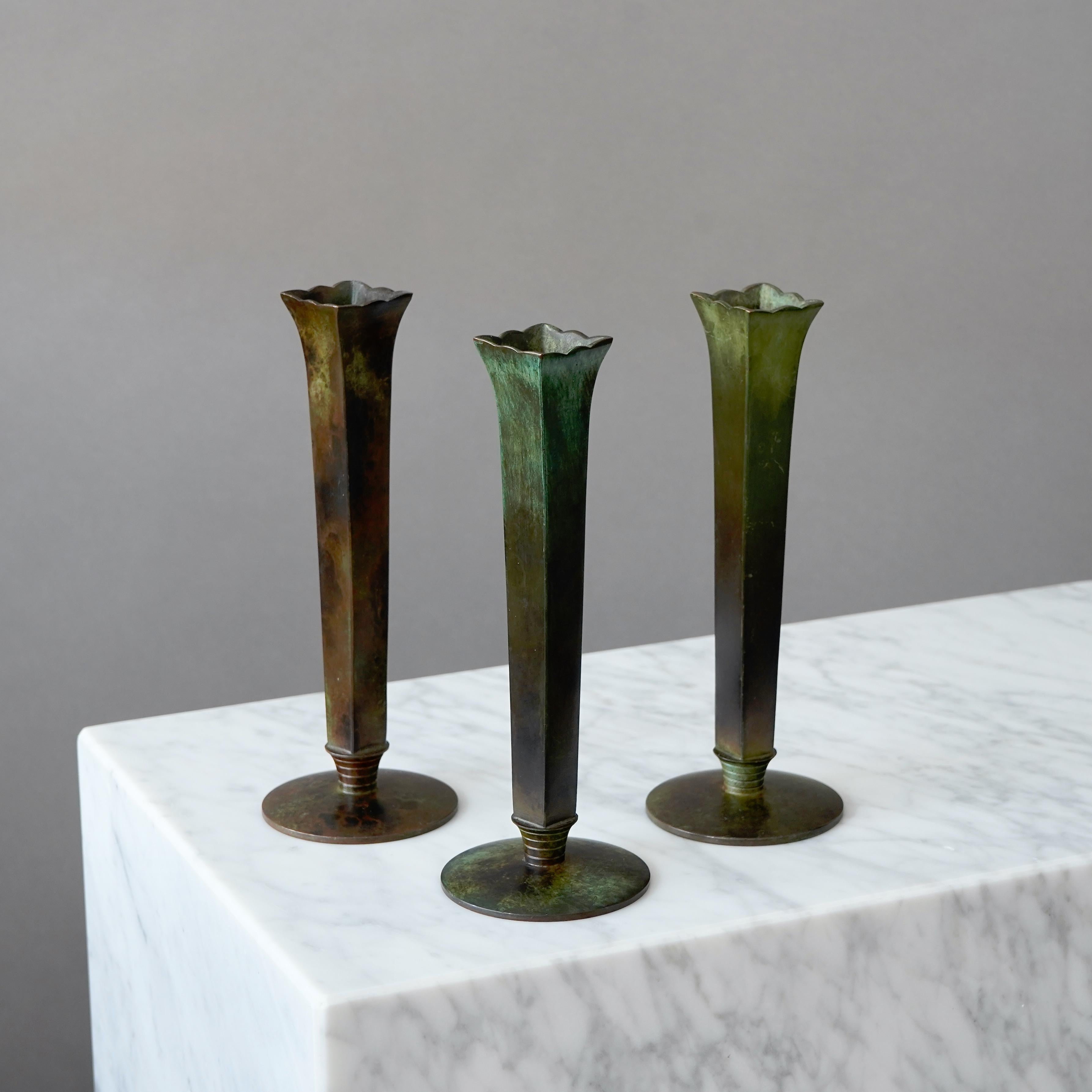 Scandinavian Modern Set of 3 Bronze Art Deco Vases by GAB Guldsmedsaktiebolaget, Sweden, 1930s For Sale