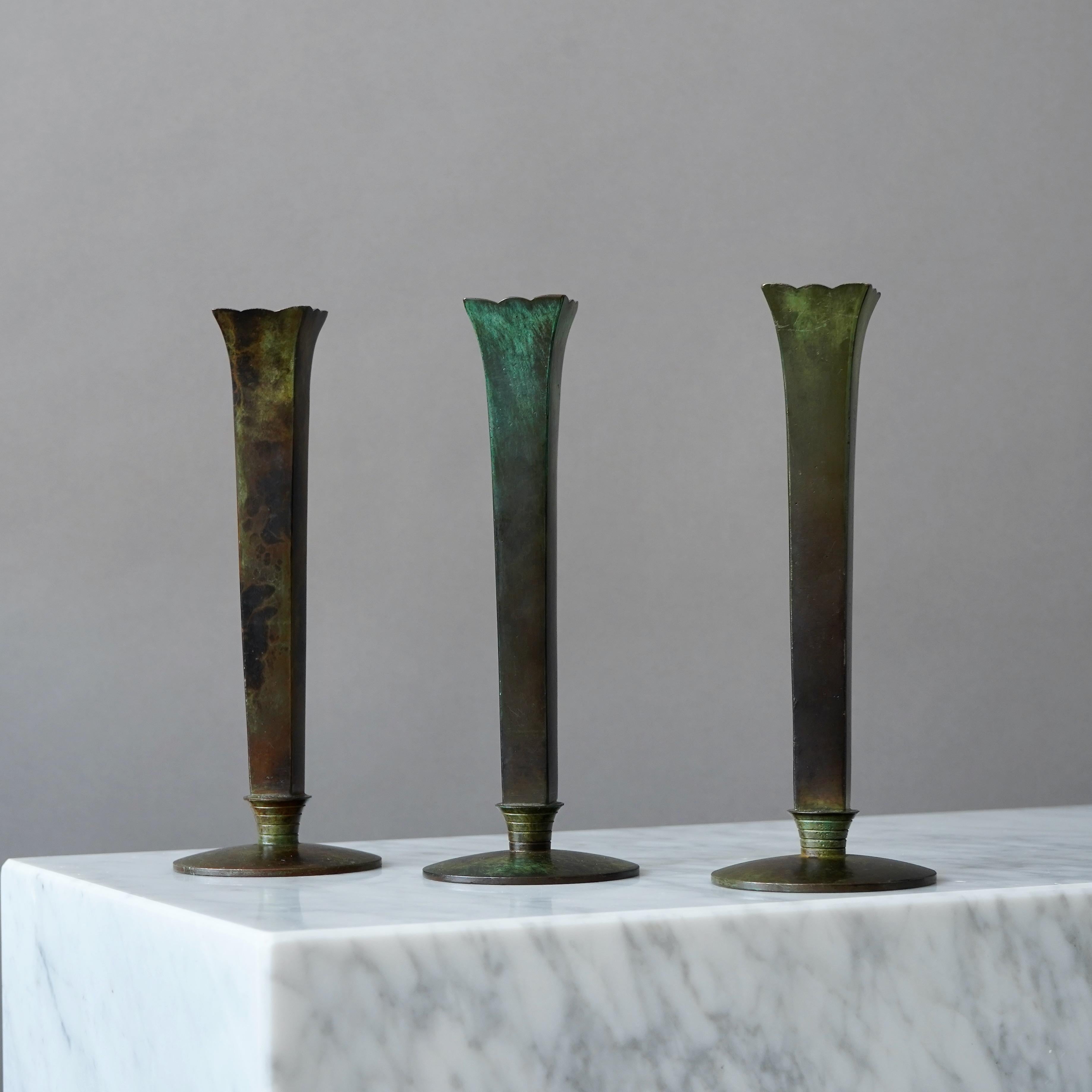 Swedish Set of 3 Bronze Art Deco Vases by GAB Guldsmedsaktiebolaget, Sweden, 1930s For Sale