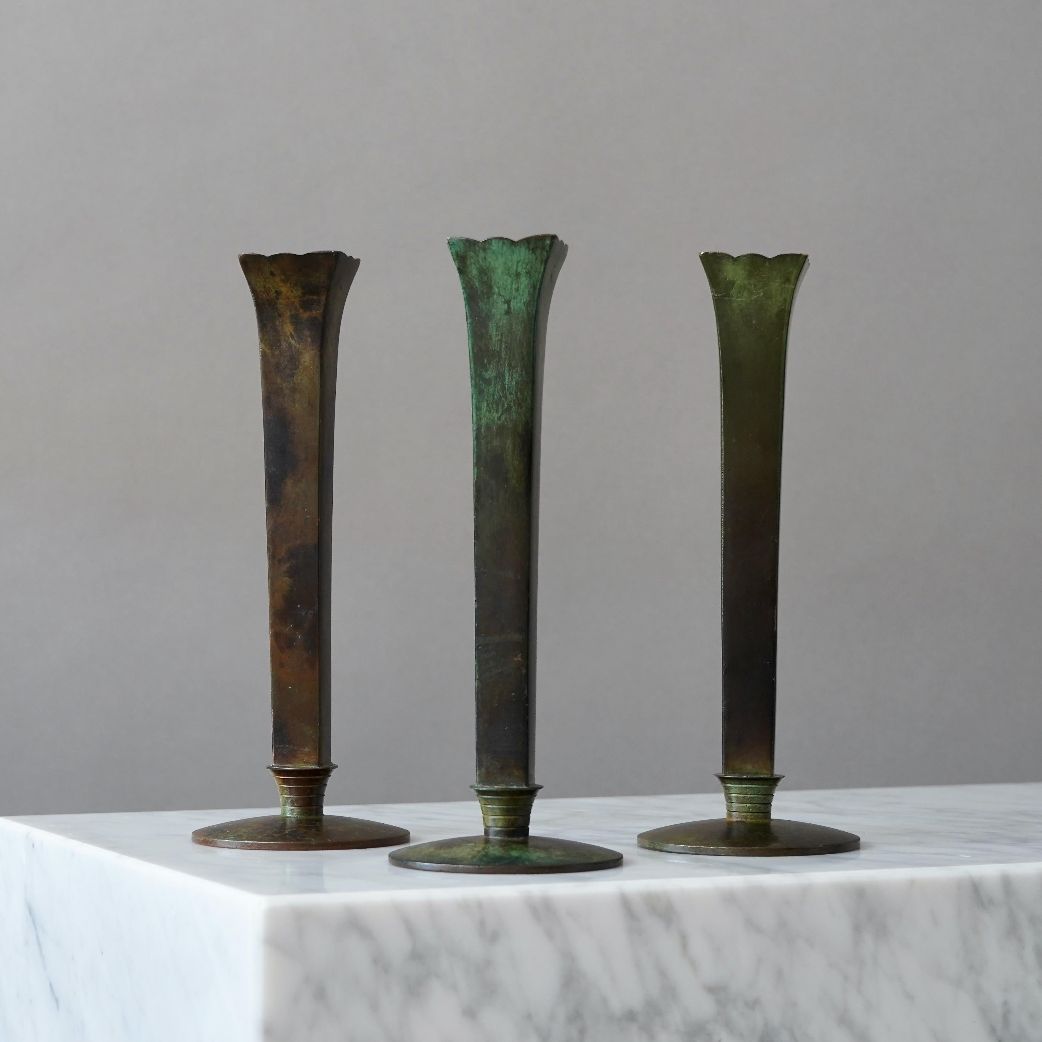 Cast Set of 3 Bronze Art Deco Vases by GAB Guldsmedsaktiebolaget, Sweden, 1930s For Sale