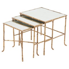 Set of 3 Bronze Bamboo Nesting Tables with Mirrors by Maison Baguès, France