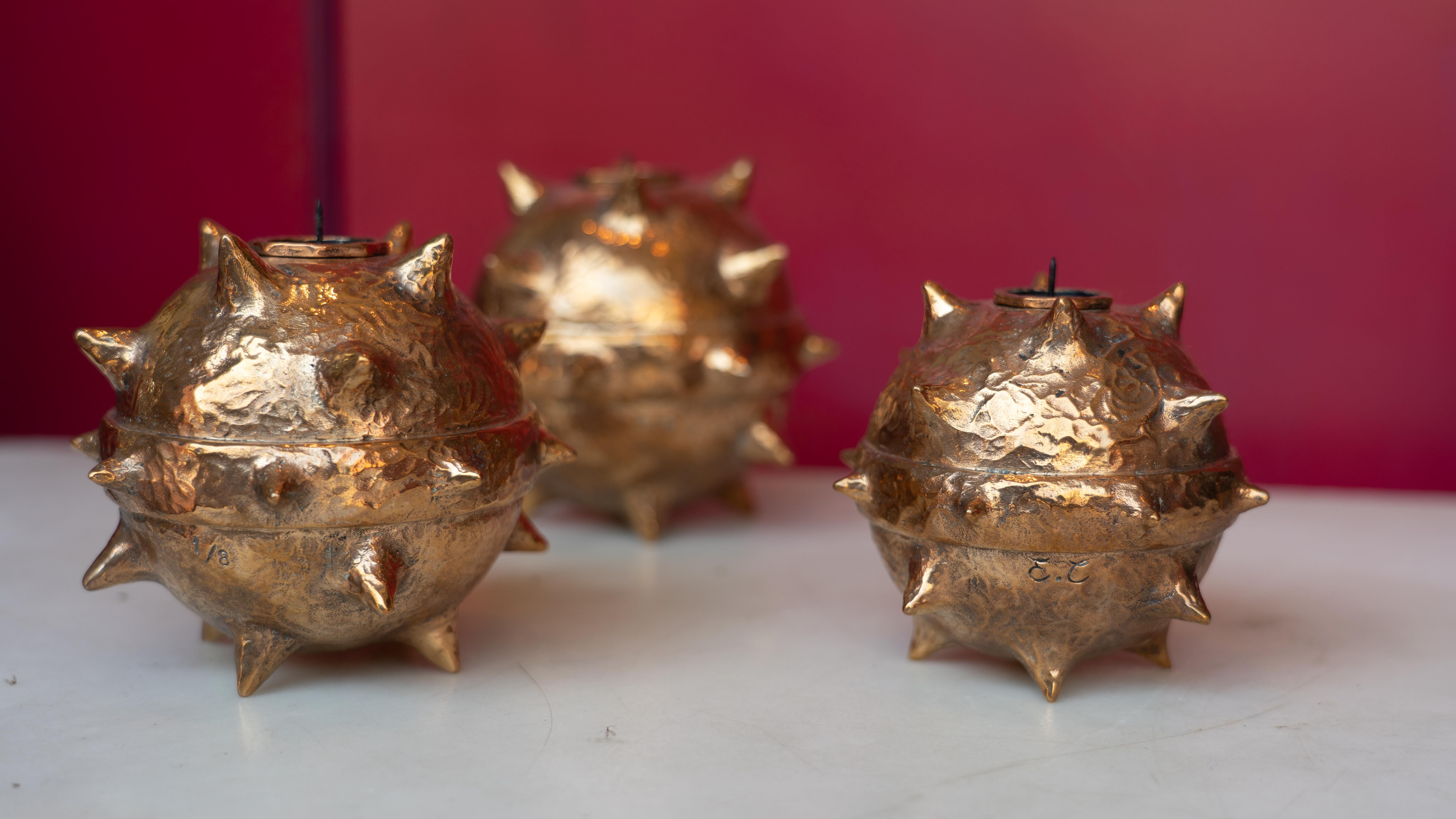 Polished Set of 3 Bronze Candle Holders 'P' Roma Collection Sphaerae Limited Edition For Sale