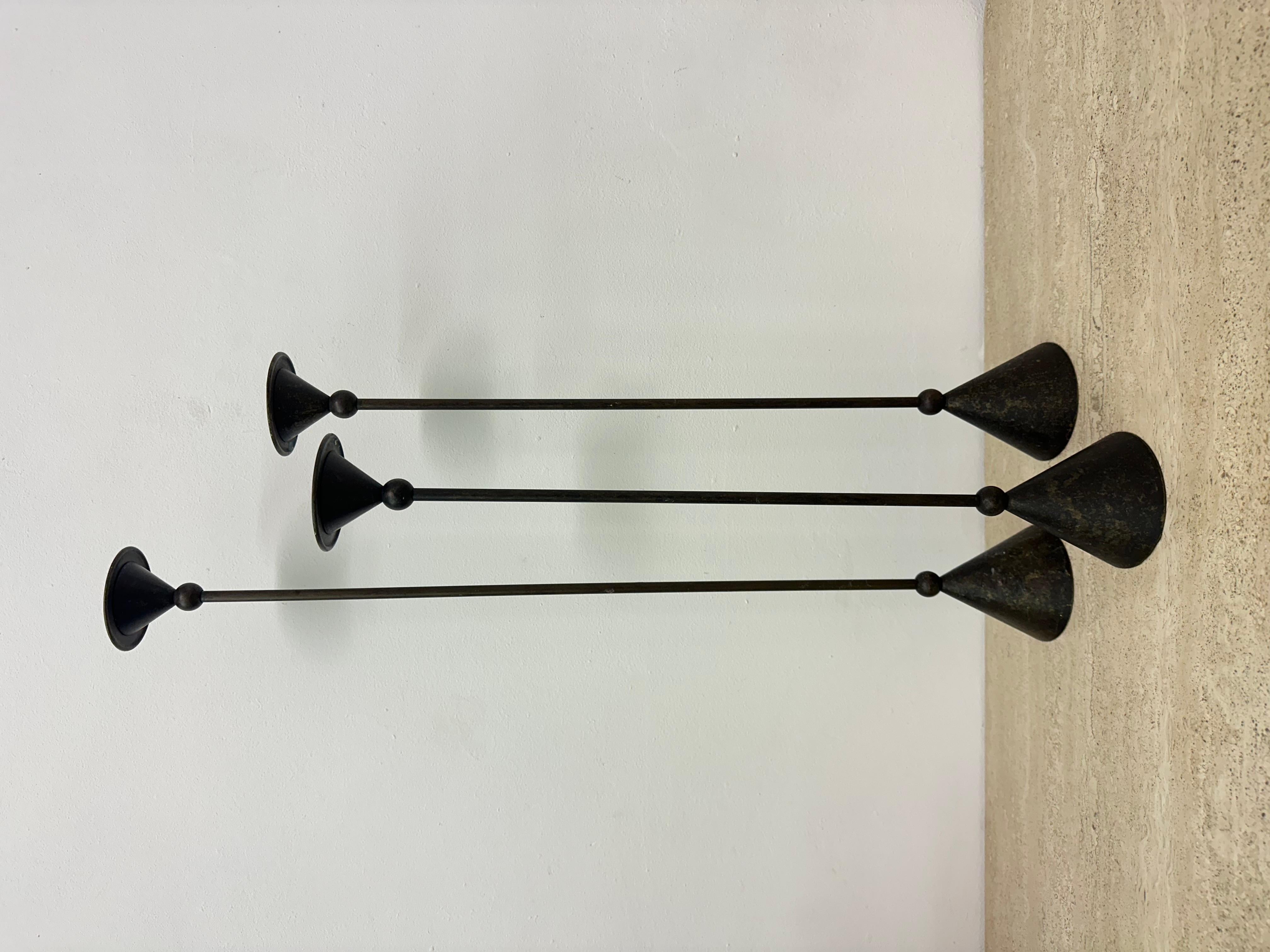 Set of 3 bronze Memphis style candle holders , 1980s 8