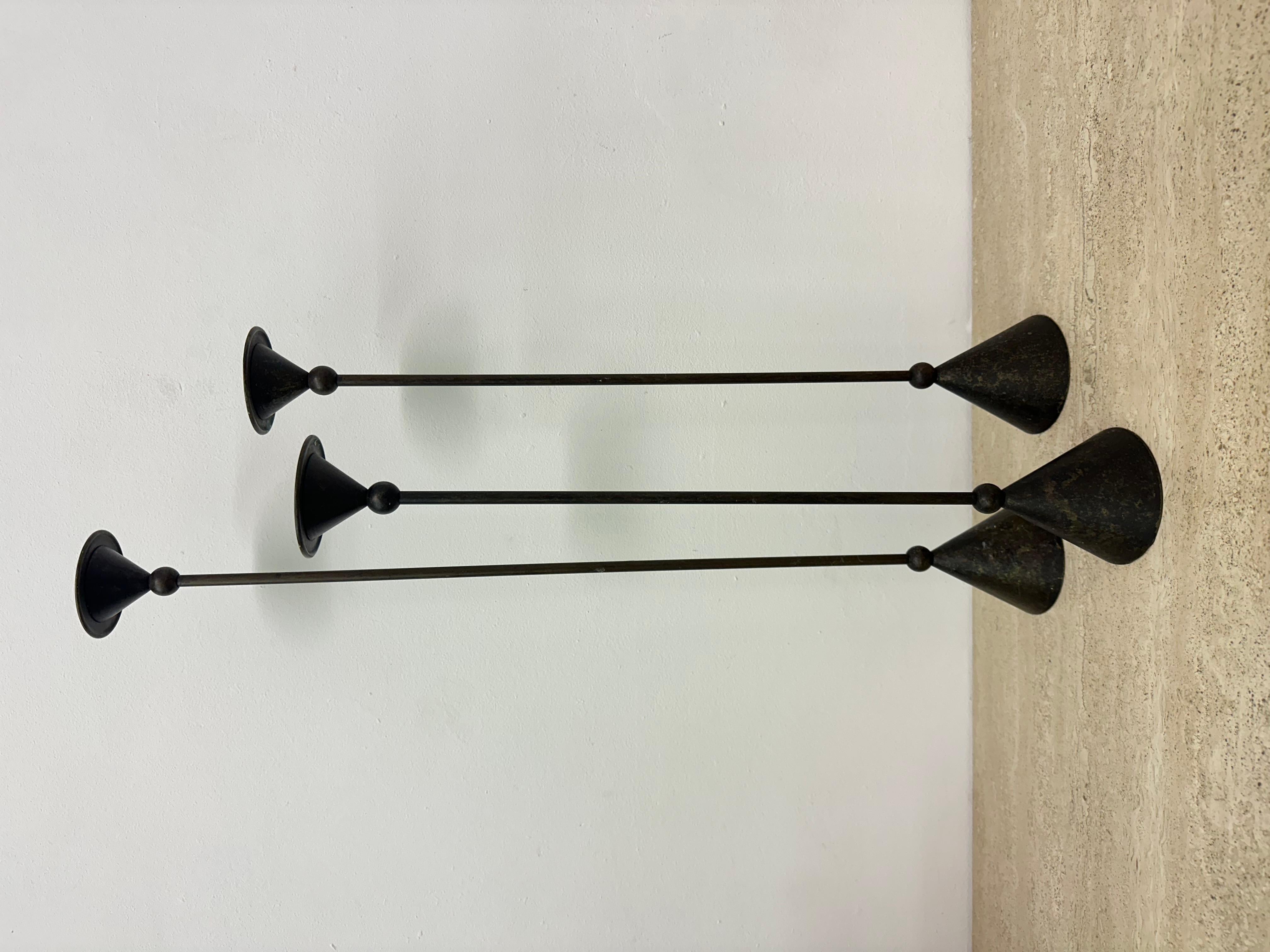 Set of 3 bronze Memphis style candle holders , 1980s 9