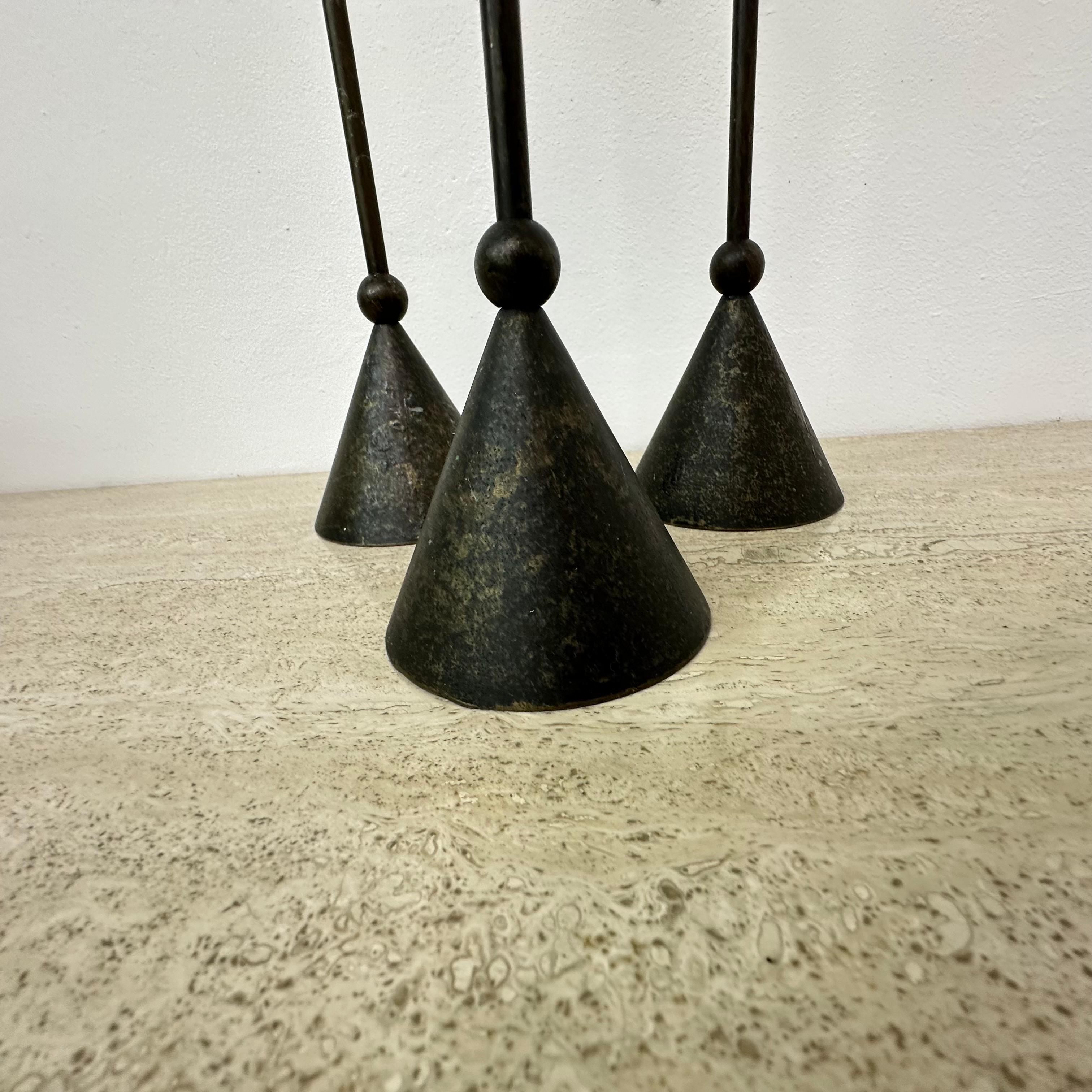 Set of 3 bronze Memphis style candle holders , 1980s 1