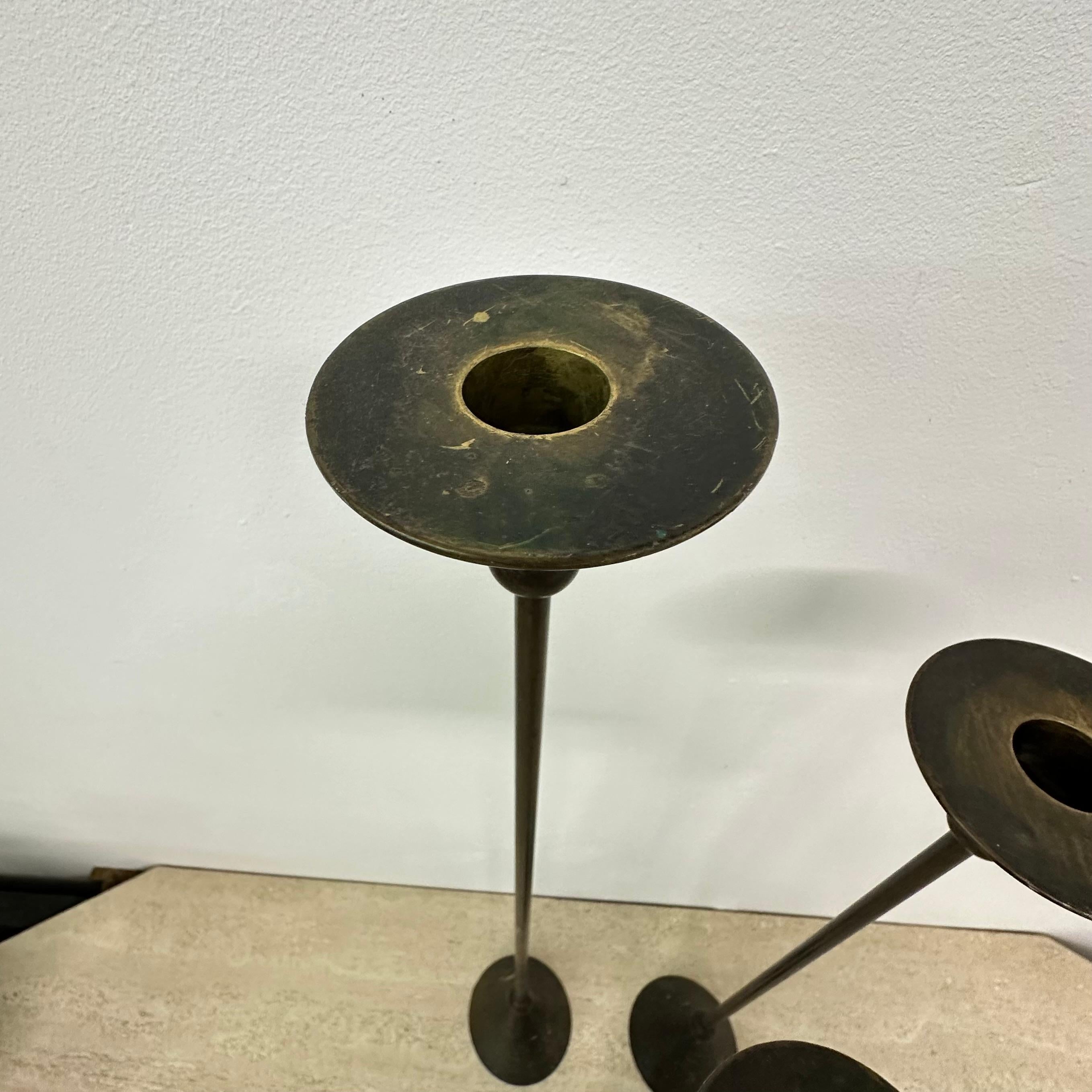 Set of 3 bronze Memphis style candle holders , 1980s 4