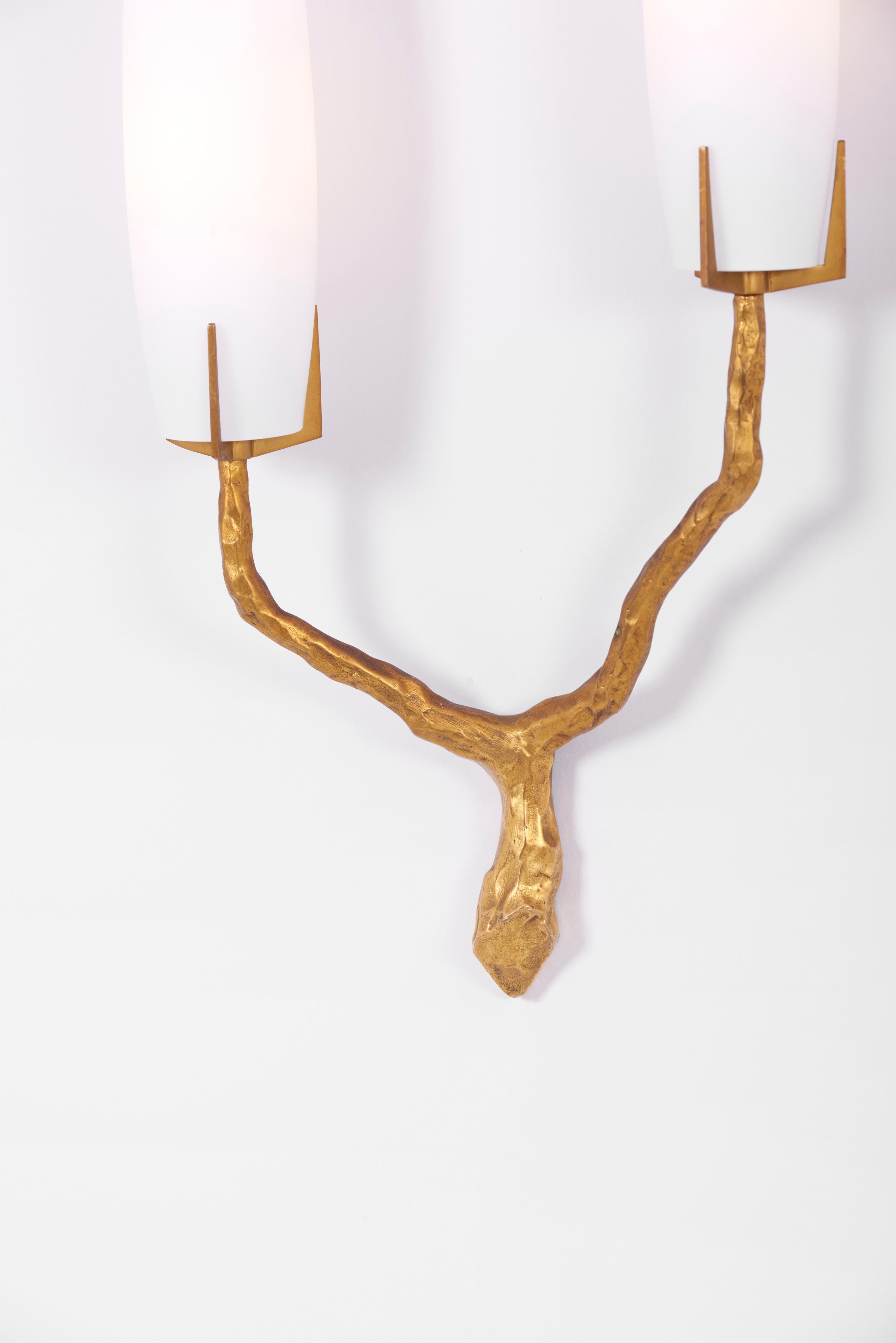 Mid-Century Modern Set of 3 Bronze Sconces or Wall Lamps by Felix Agostini for Maison Arlus, France