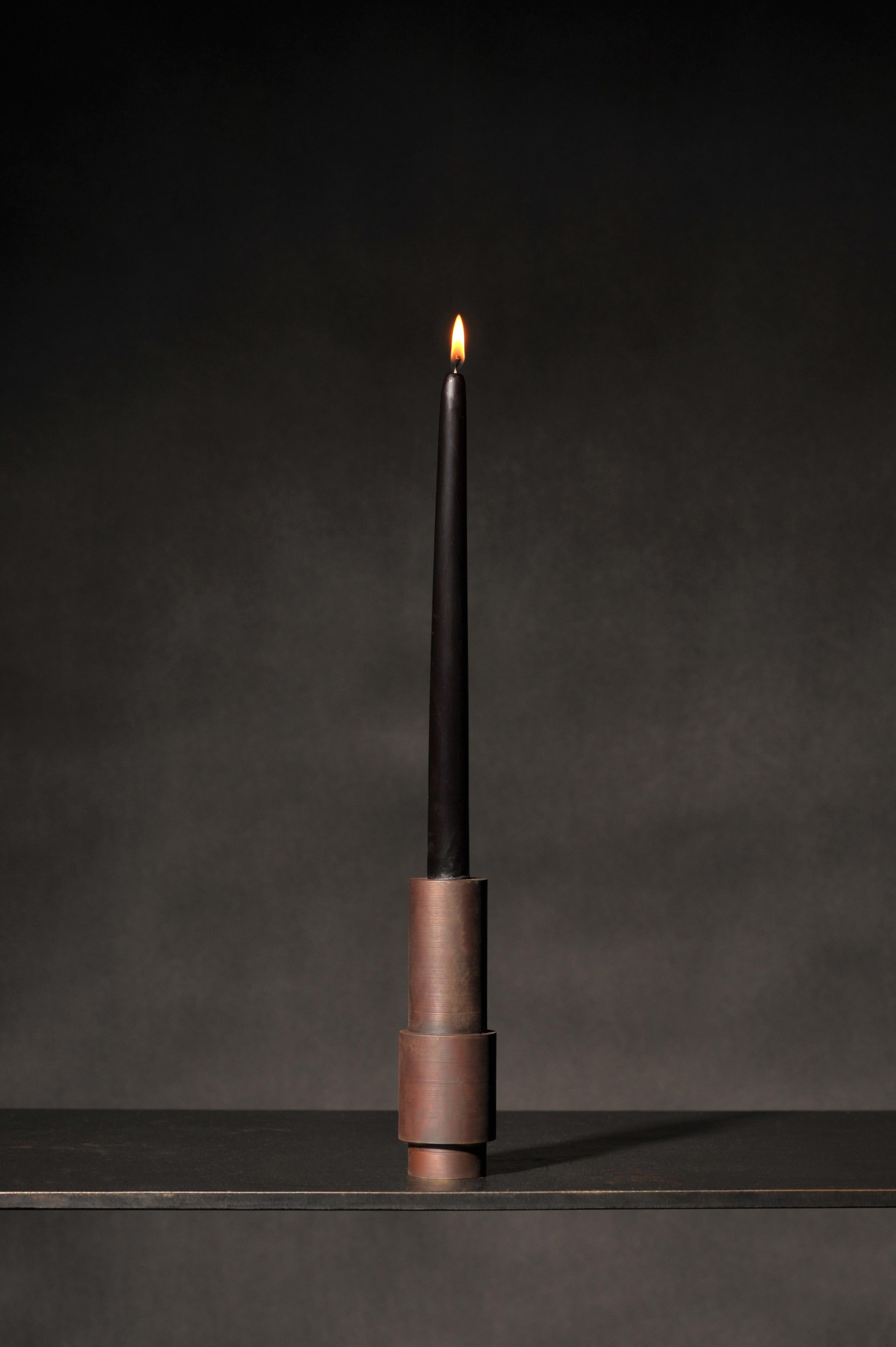European Set of 3 Brown Patina Steel Candlestick by Lukasz Friedrich