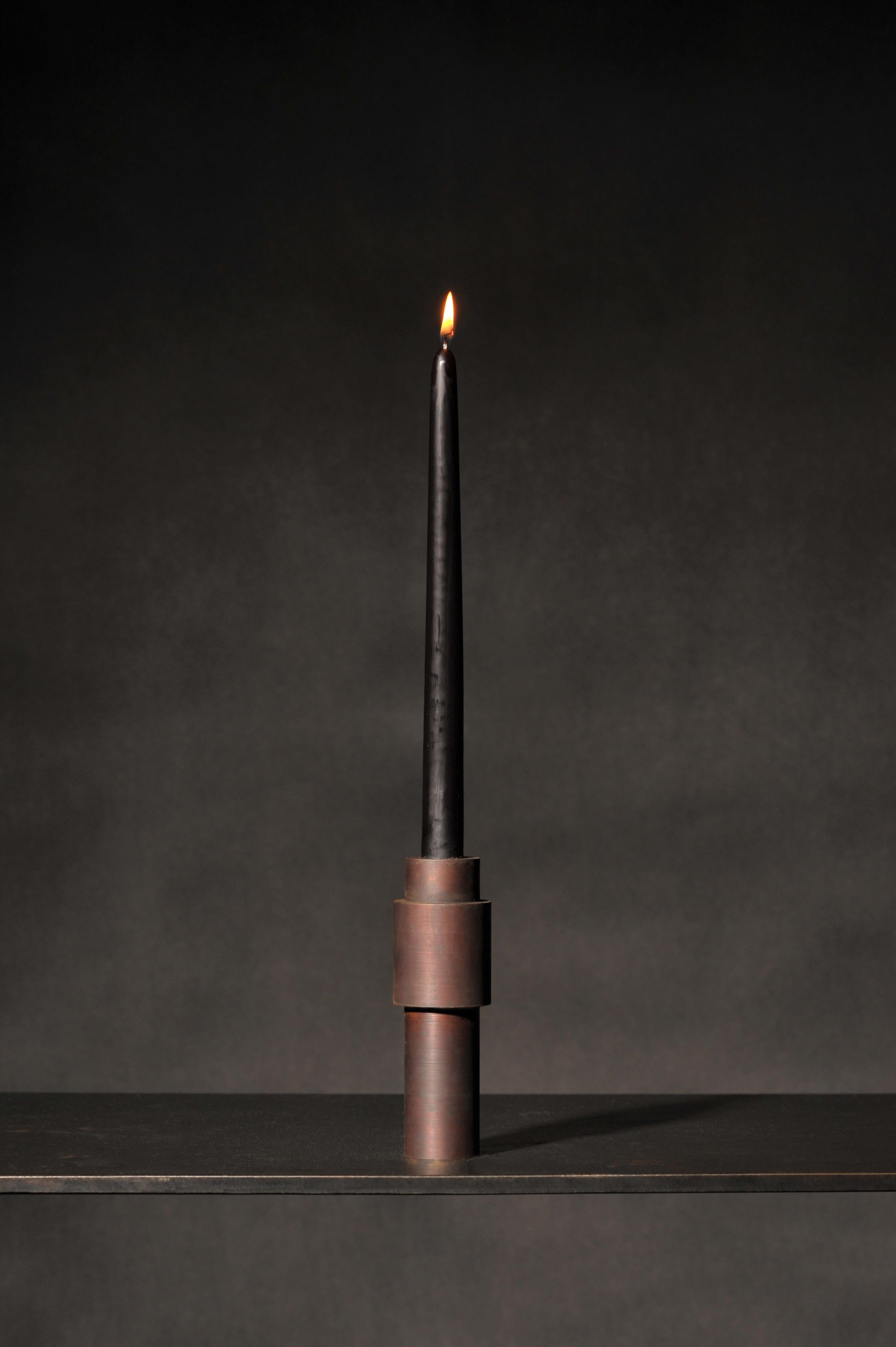 Contemporary Set of 3 Brown Patina Steel Candlestick by Lukasz Friedrich For Sale