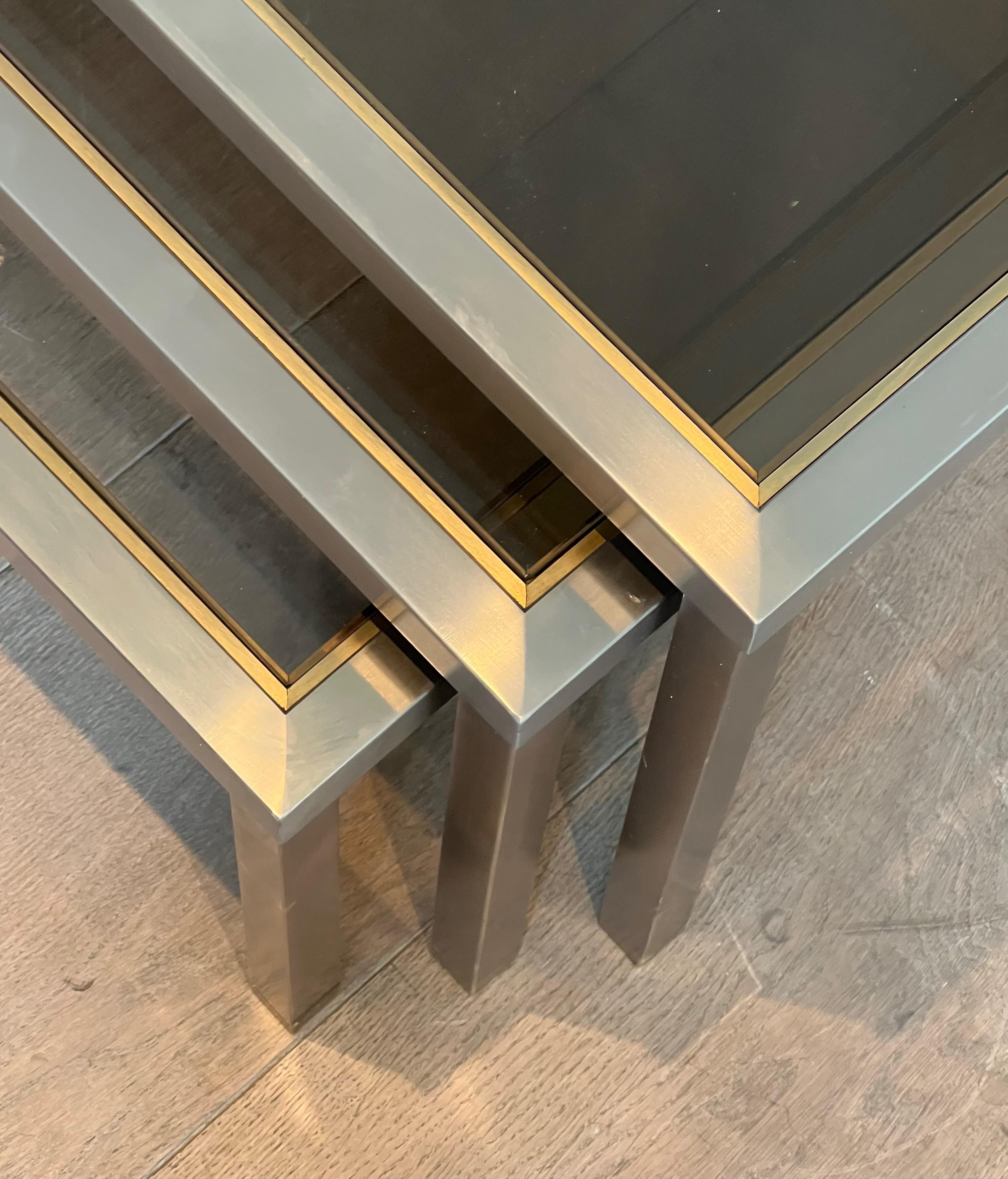 Set of 3 Brushed Steel and Brass Nesting Tables Attributed to Guy Lefèvre For Sale 3