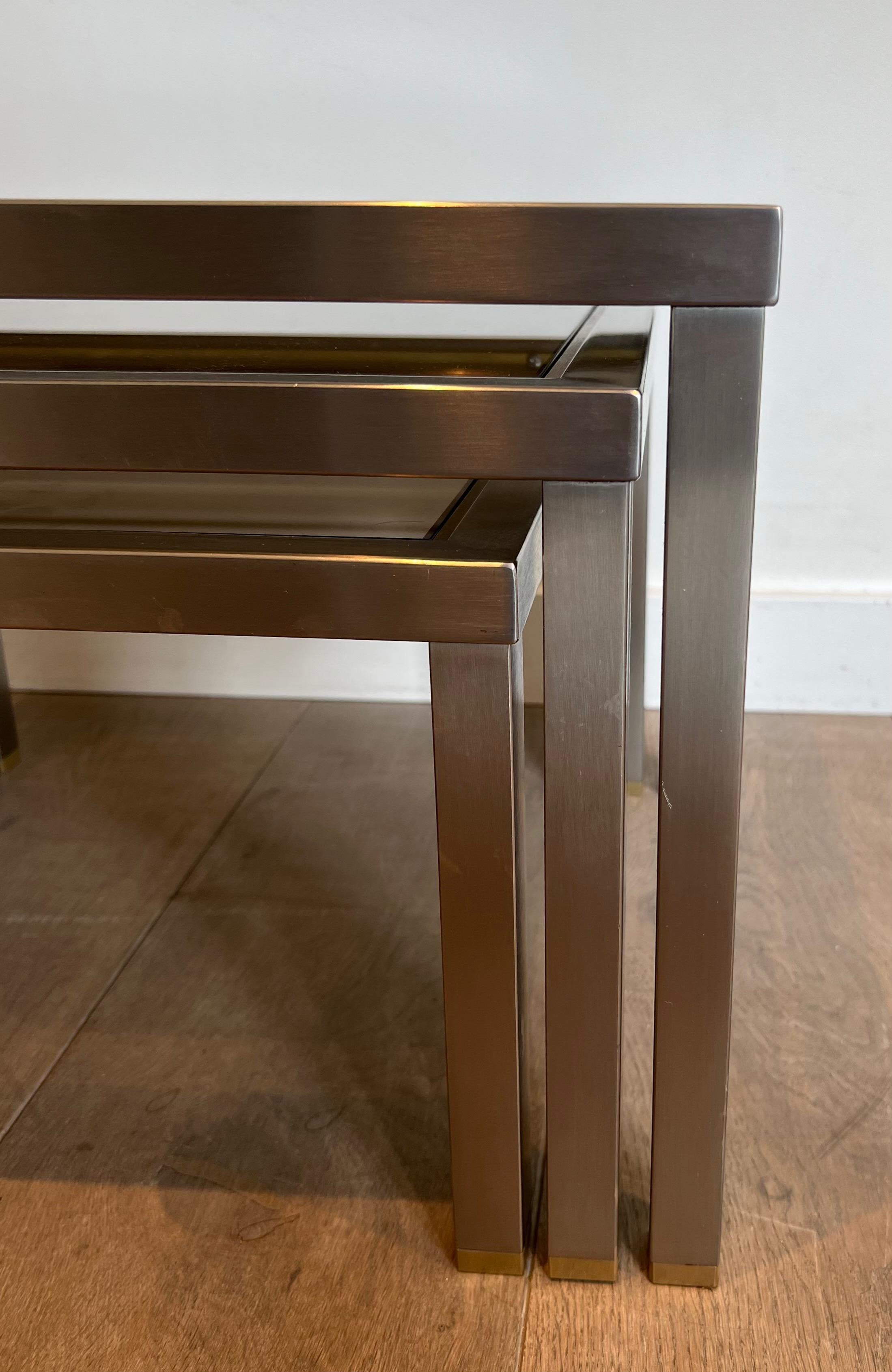 Set of 3 Brushed Steel and Brass Nesting Tables Attributed to Guy Lefèvre For Sale 4