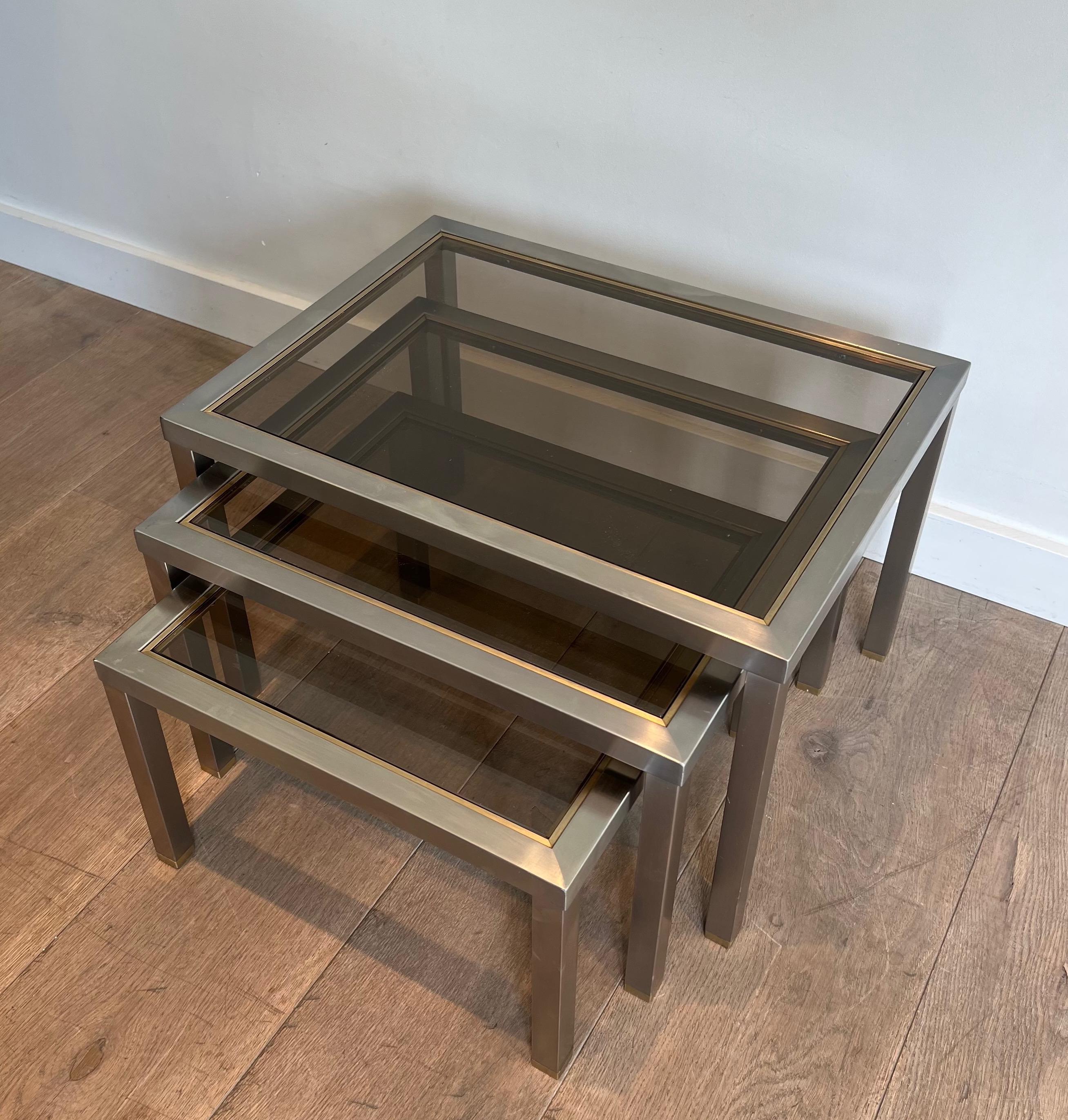 Set of 3 Brushed Steel and Brass Nesting Tables Attributed to Guy Lefèvre For Sale 5