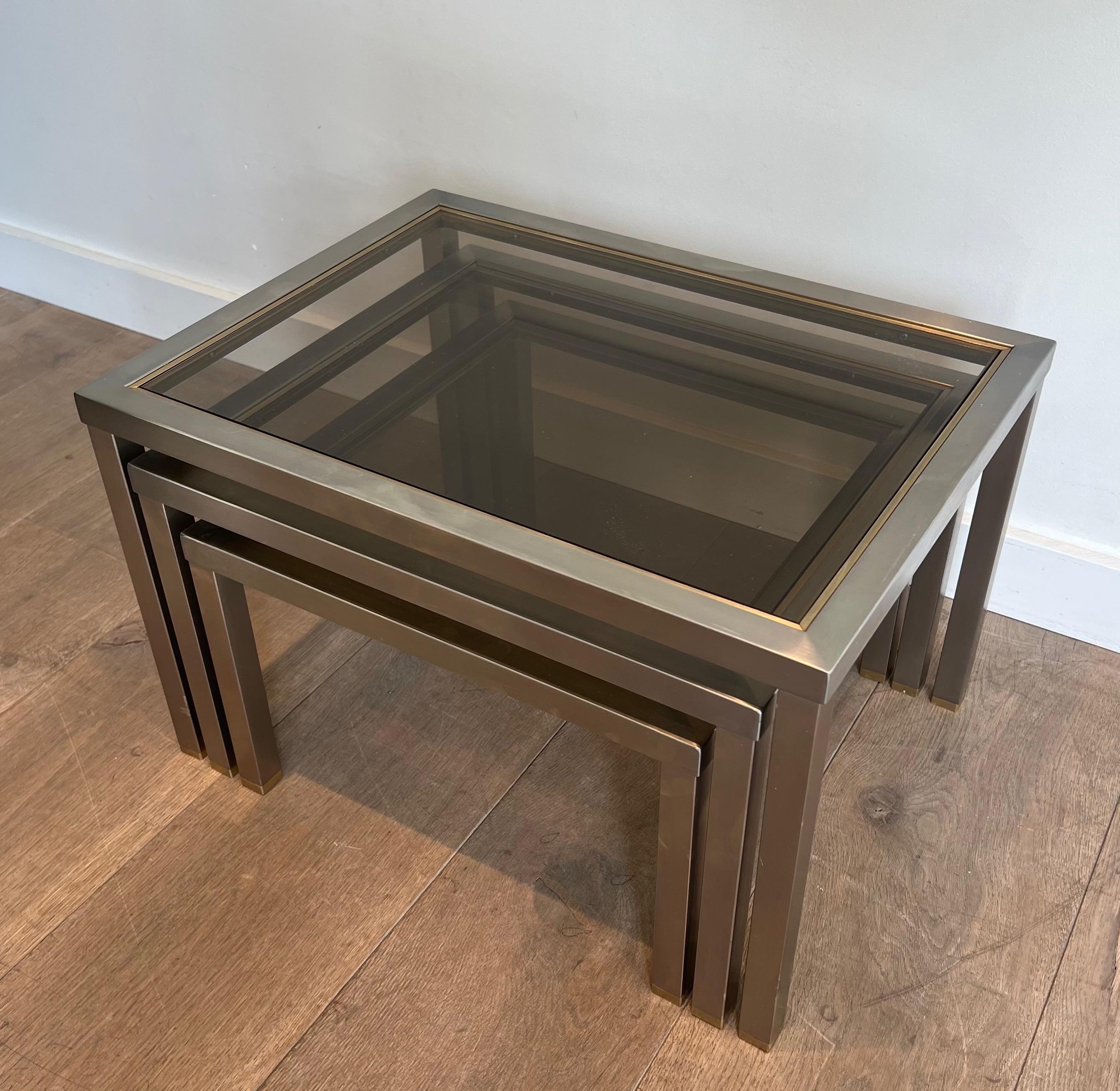 Set of 3 Brushed Steel and Brass Nesting Tables Attributed to Guy Lefèvre For Sale 6