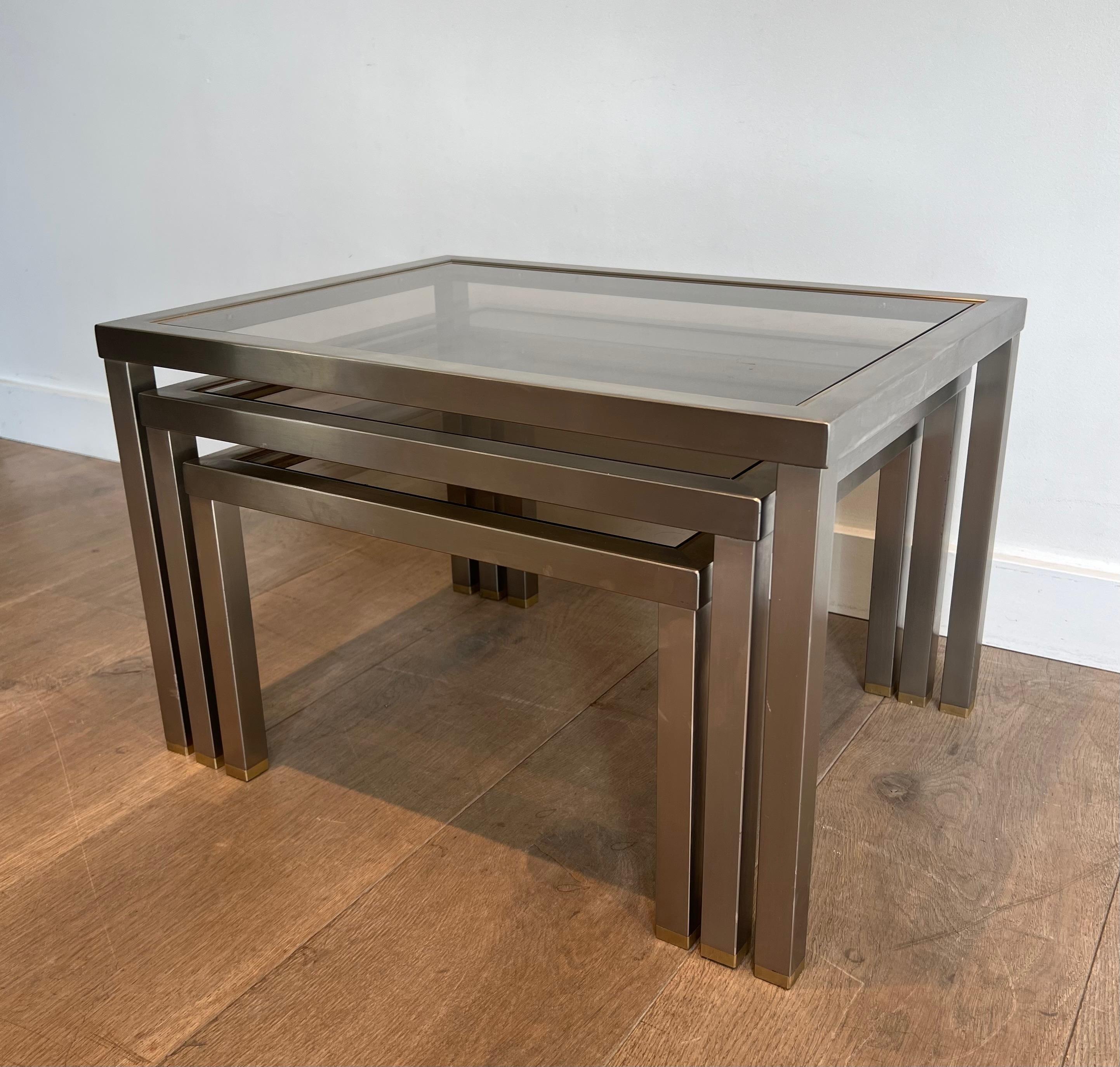 Set of 3 Brushed Steel and Brass Nesting Tables Attributed to Guy Lefèvre For Sale 7
