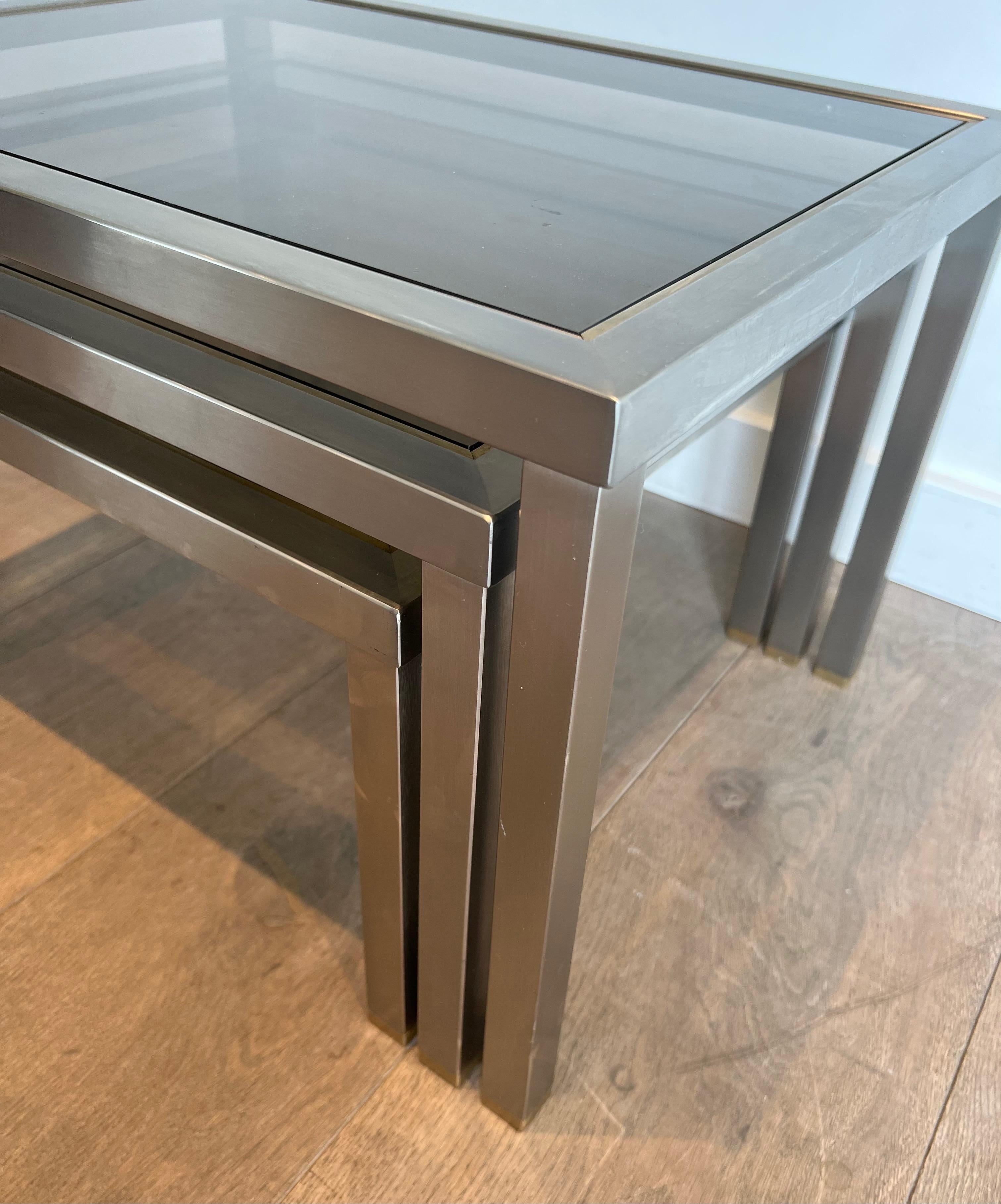 Set of 3 Brushed Steel and Brass Nesting Tables Attributed to Guy Lefèvre For Sale 8