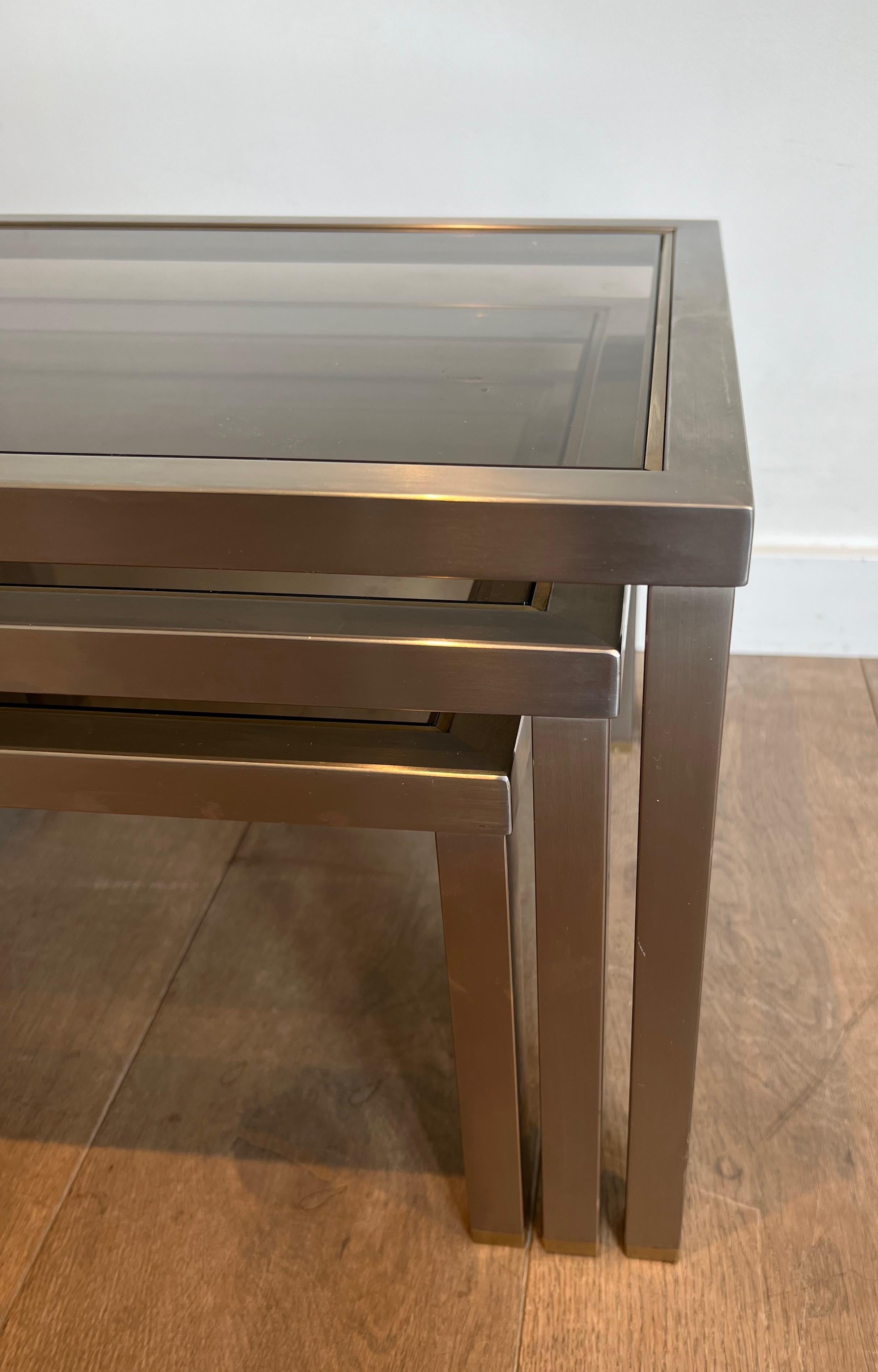 Set of 3 Brushed Steel and Brass Nesting Tables Attributed to Guy Lefèvre For Sale 9