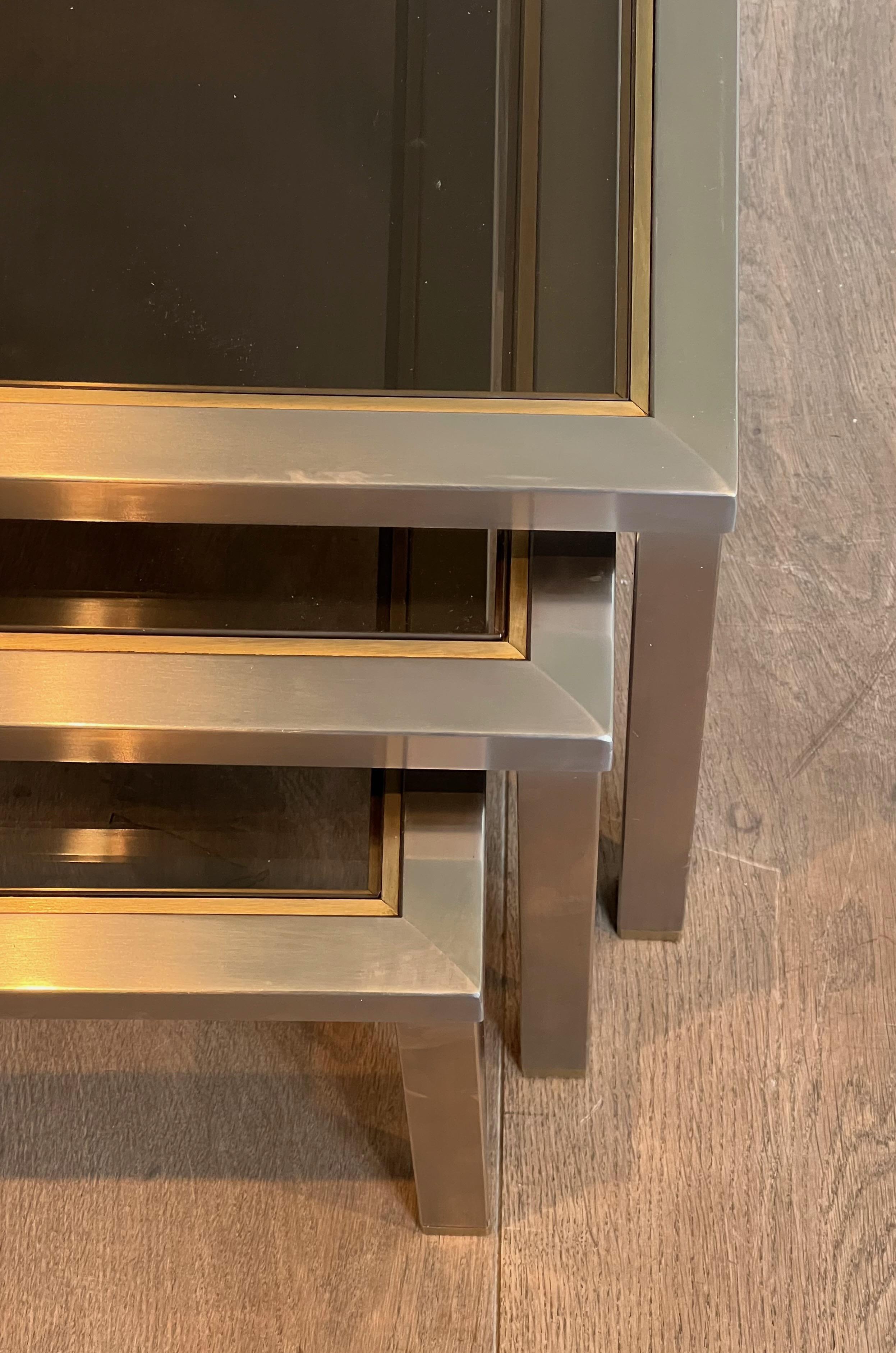 Set of 3 Brushed Steel and Brass Nesting Tables Attributed to Guy Lefèvre For Sale 10