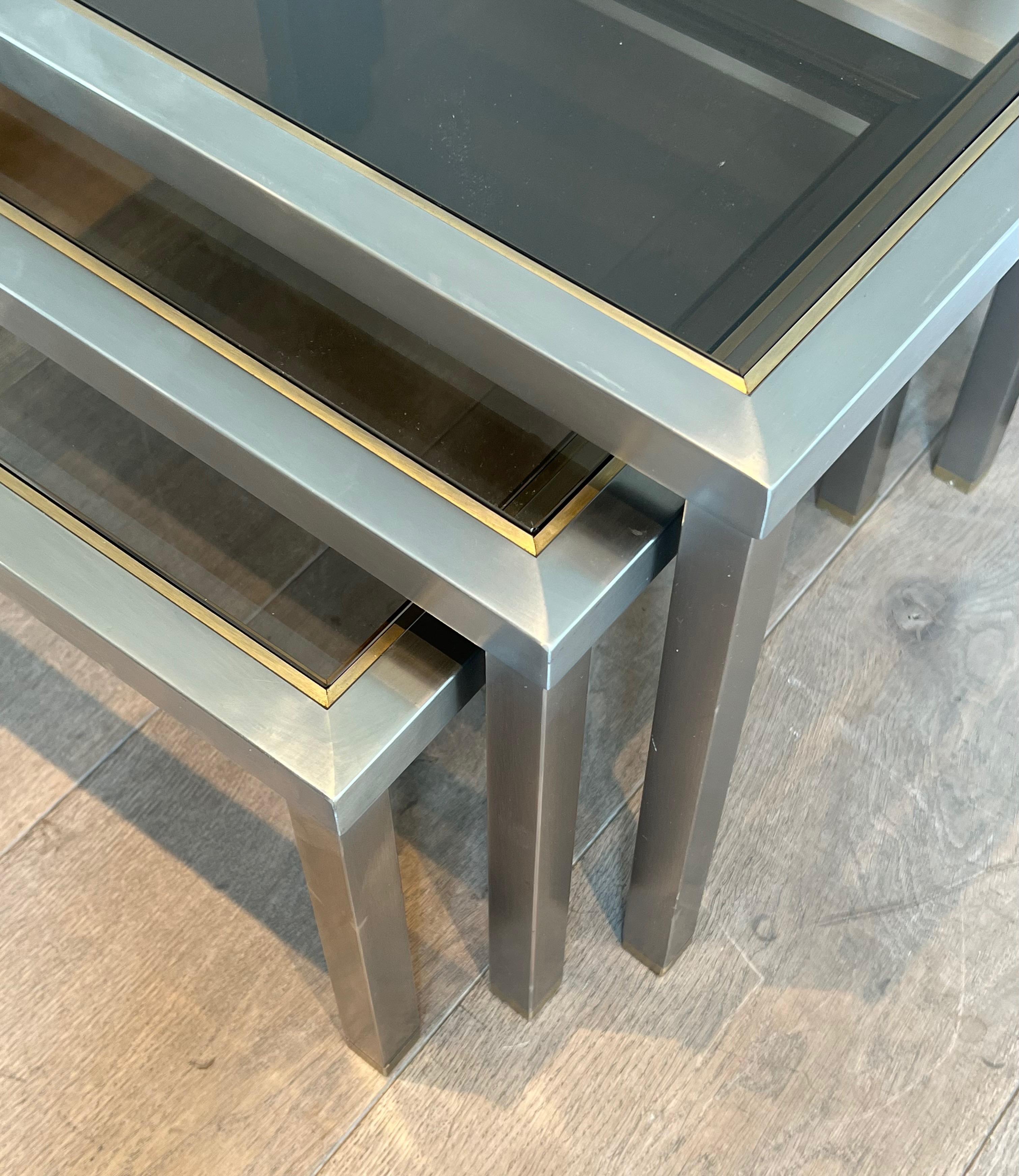 Set of 3 Brushed Steel and Brass Nesting Tables Attributed to Guy Lefèvre For Sale 11