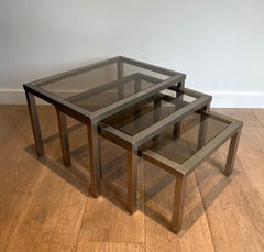 Set of 3 Brushed Steel and Brass Nesting Tables Attributed to Guy Lefèvre