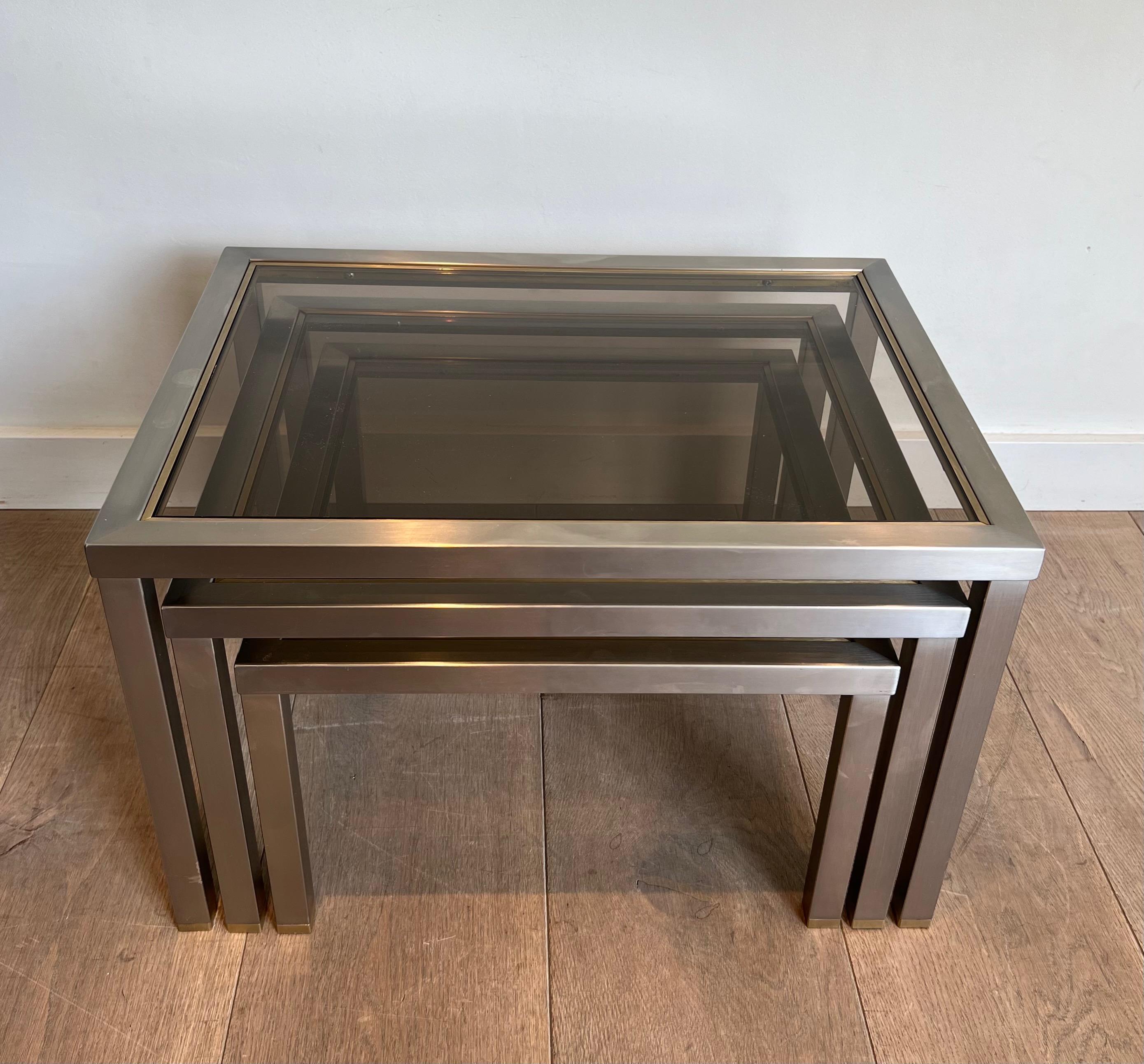Set of 3 Brushed Steel and Brass Nesting Tables Attributed to Guy Lefèvre For Sale 13
