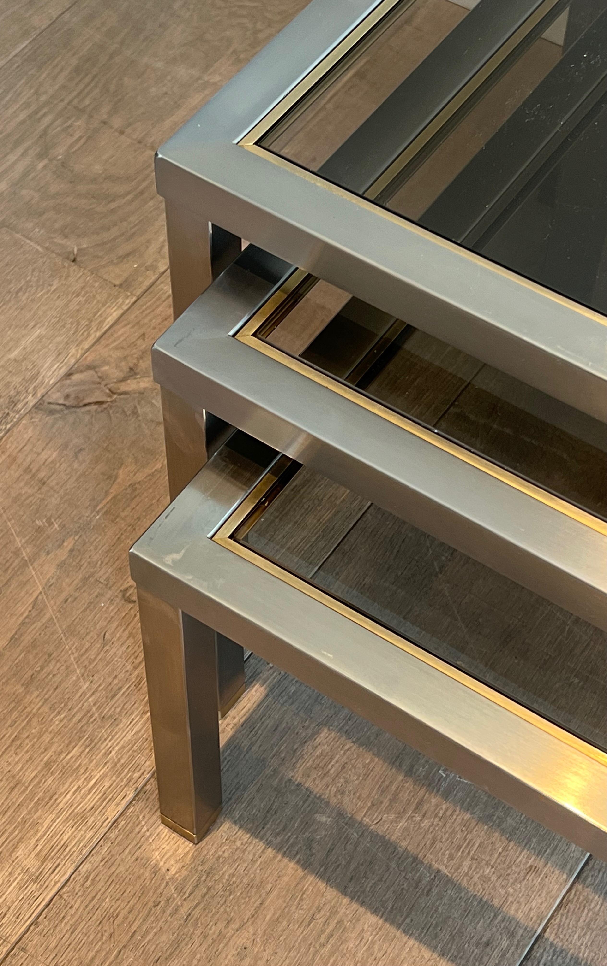 Set of 3 Brushed Steel and Brass Nesting Tables Attributed to Guy Lefèvre For Sale 1