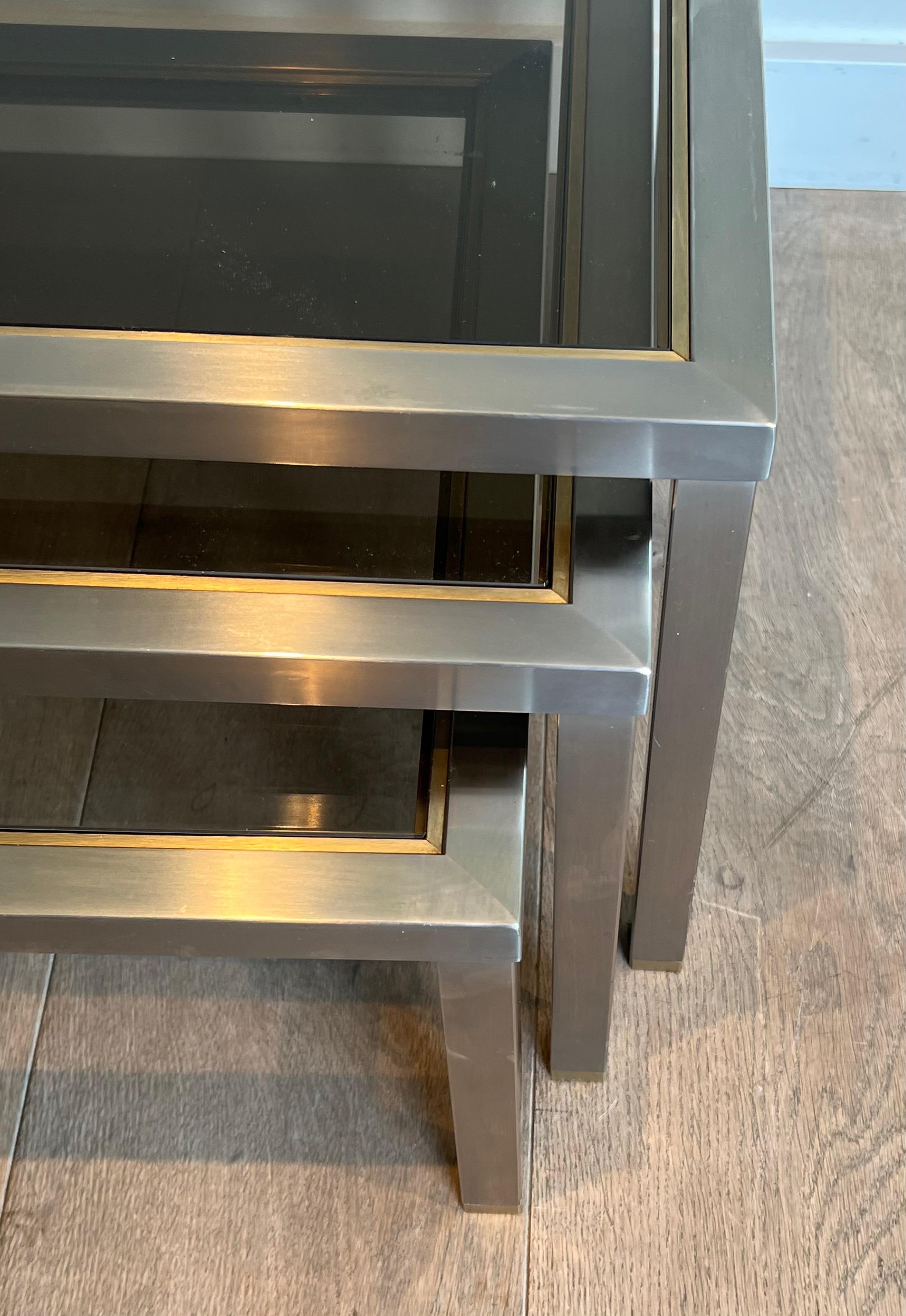 Set of 3 Brushed Steel and Brass Nesting Tables Attributed to Guy Lefèvre For Sale 2