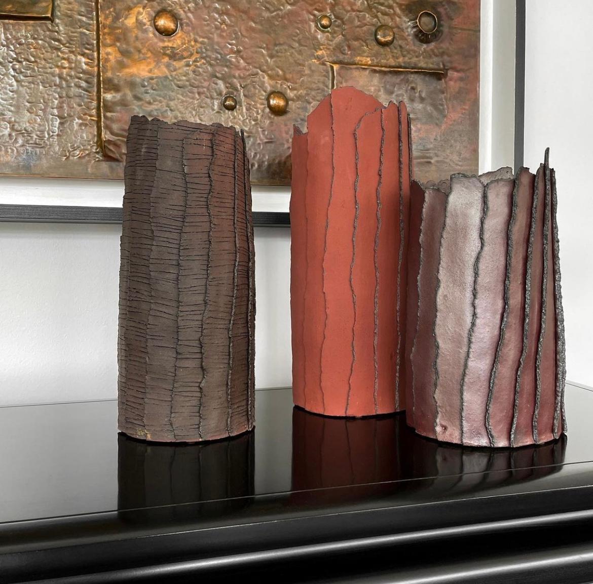 Set of 3 Brutalist Abstract Ceramic Cylinder Vases with Texture 9
