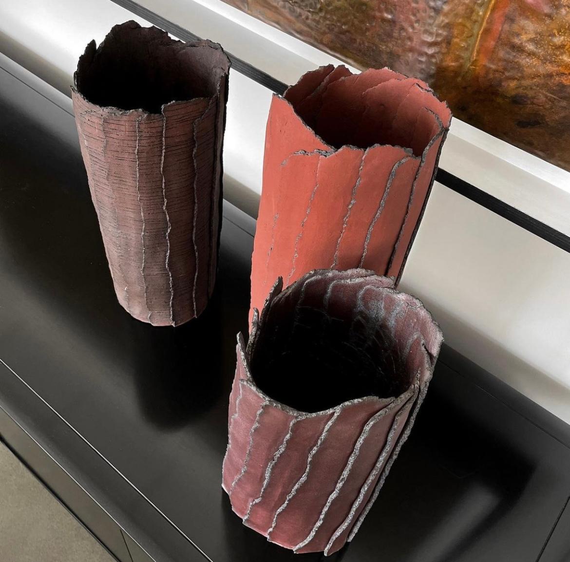 Set of 3 Brutalist Abstract Ceramic Cylinder Vases with Texture 10