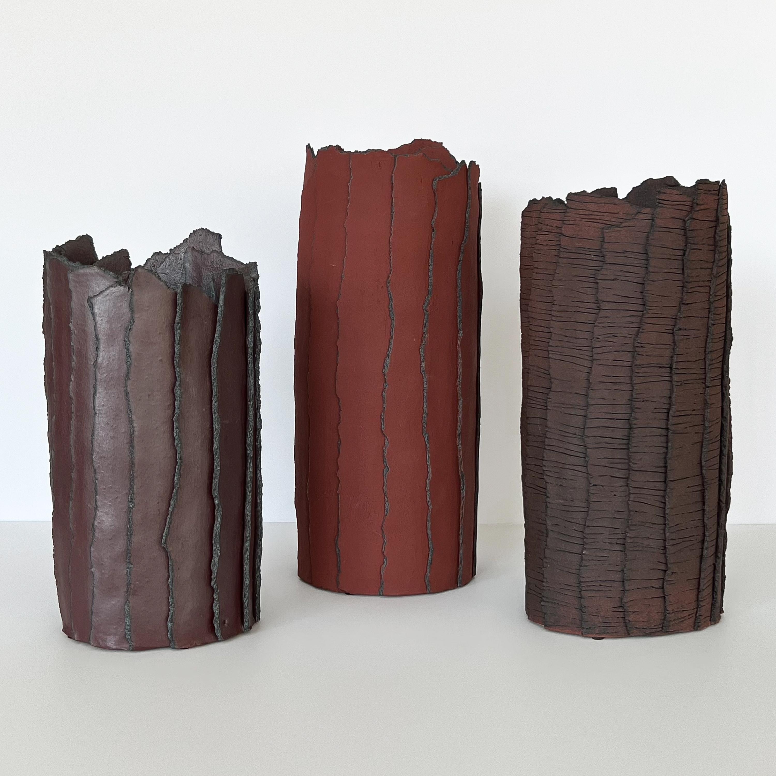 Modern Set of 3 Brutalist Abstract Ceramic Cylinder Vases with Texture