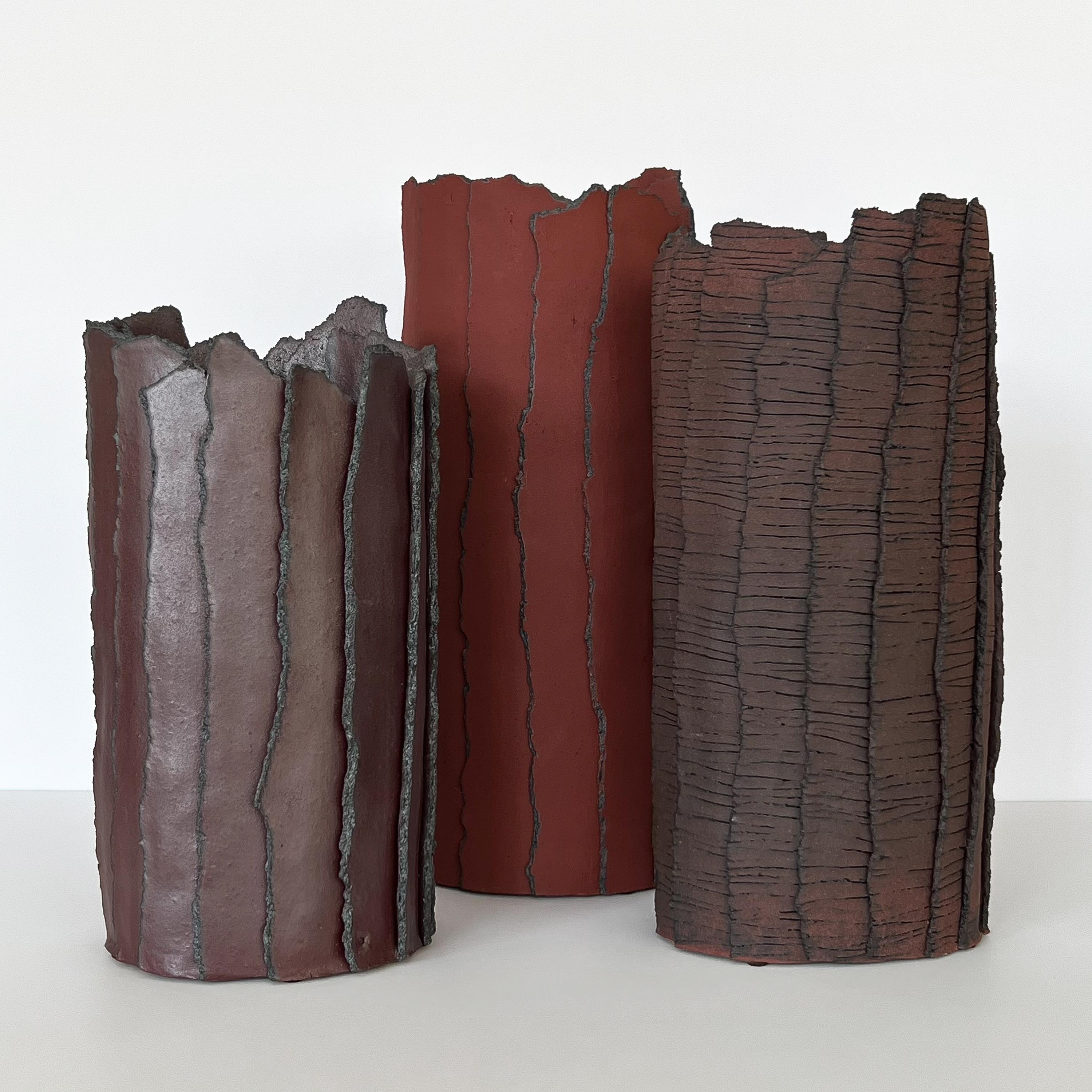 Glazed Set of 3 Brutalist Abstract Ceramic Cylinder Vases with Texture