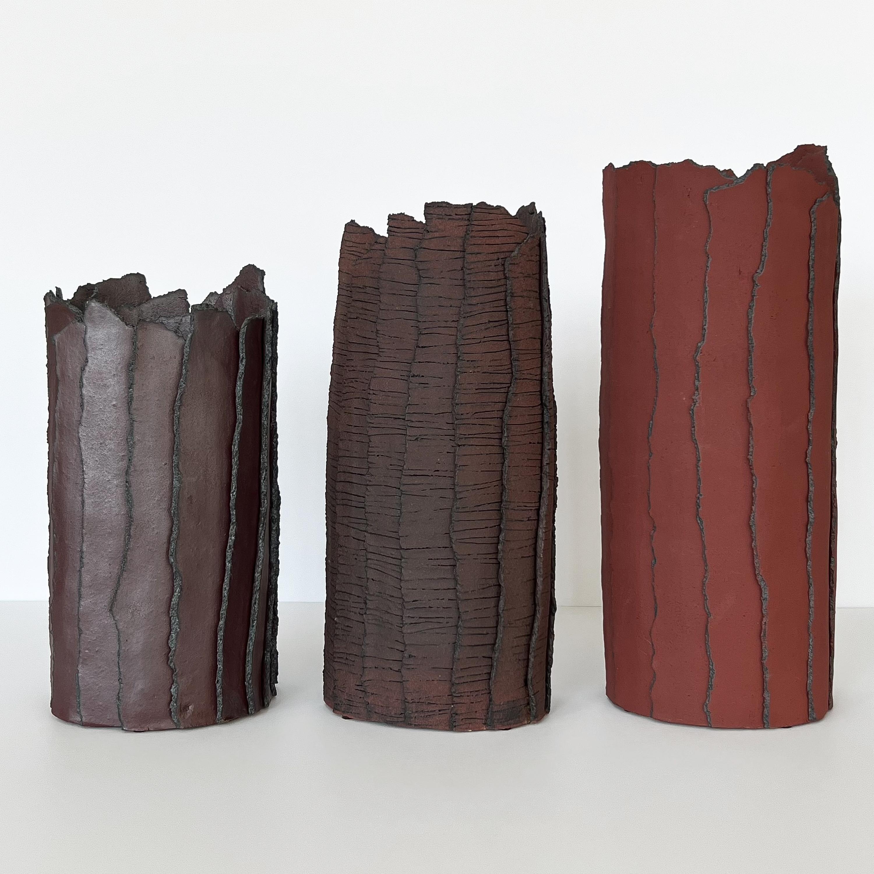 Set of 3 Brutalist Abstract Ceramic Cylinder Vases with Texture In Good Condition In Chicago, IL