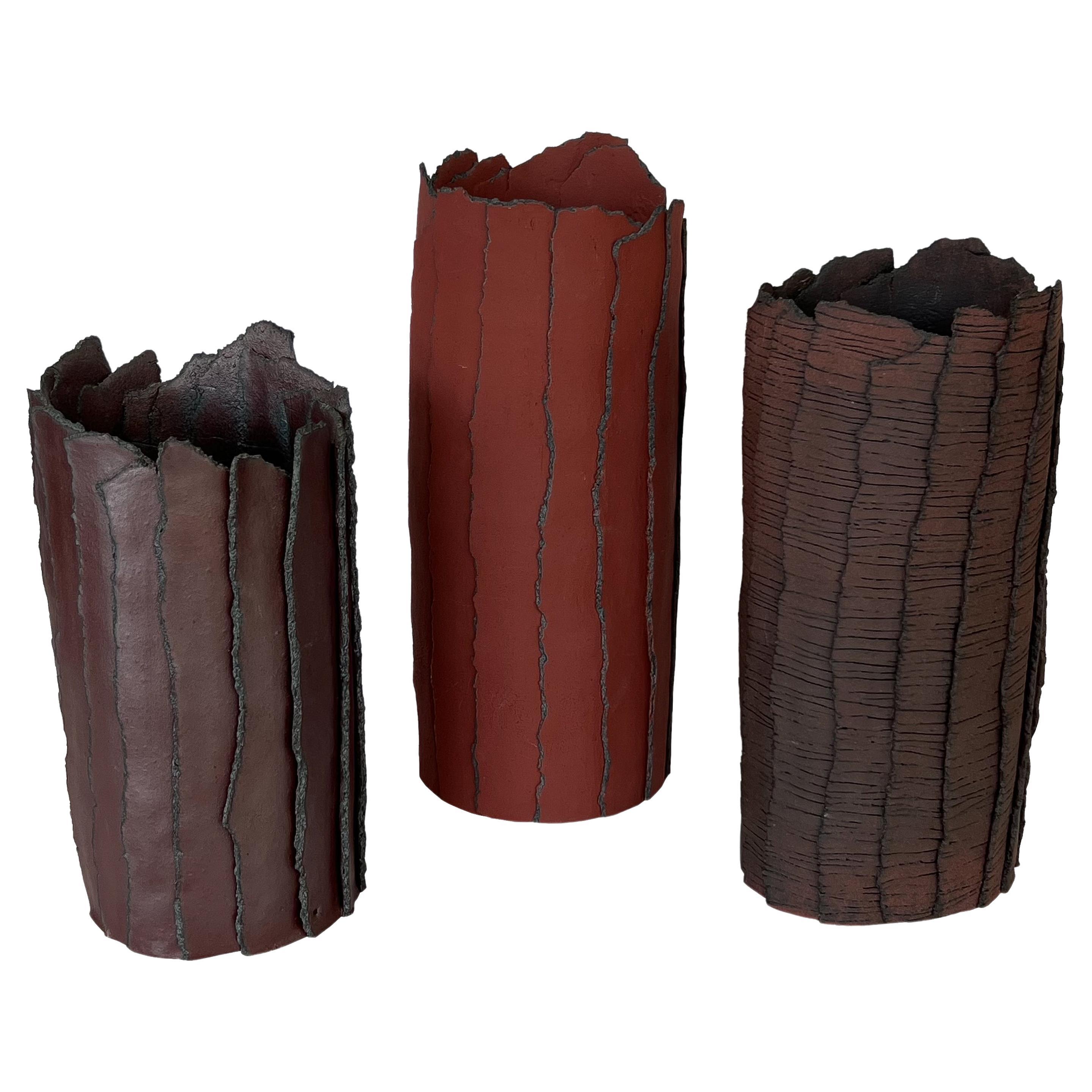 Set of 3 Brutalist Abstract Ceramic Cylinder Vases with Texture