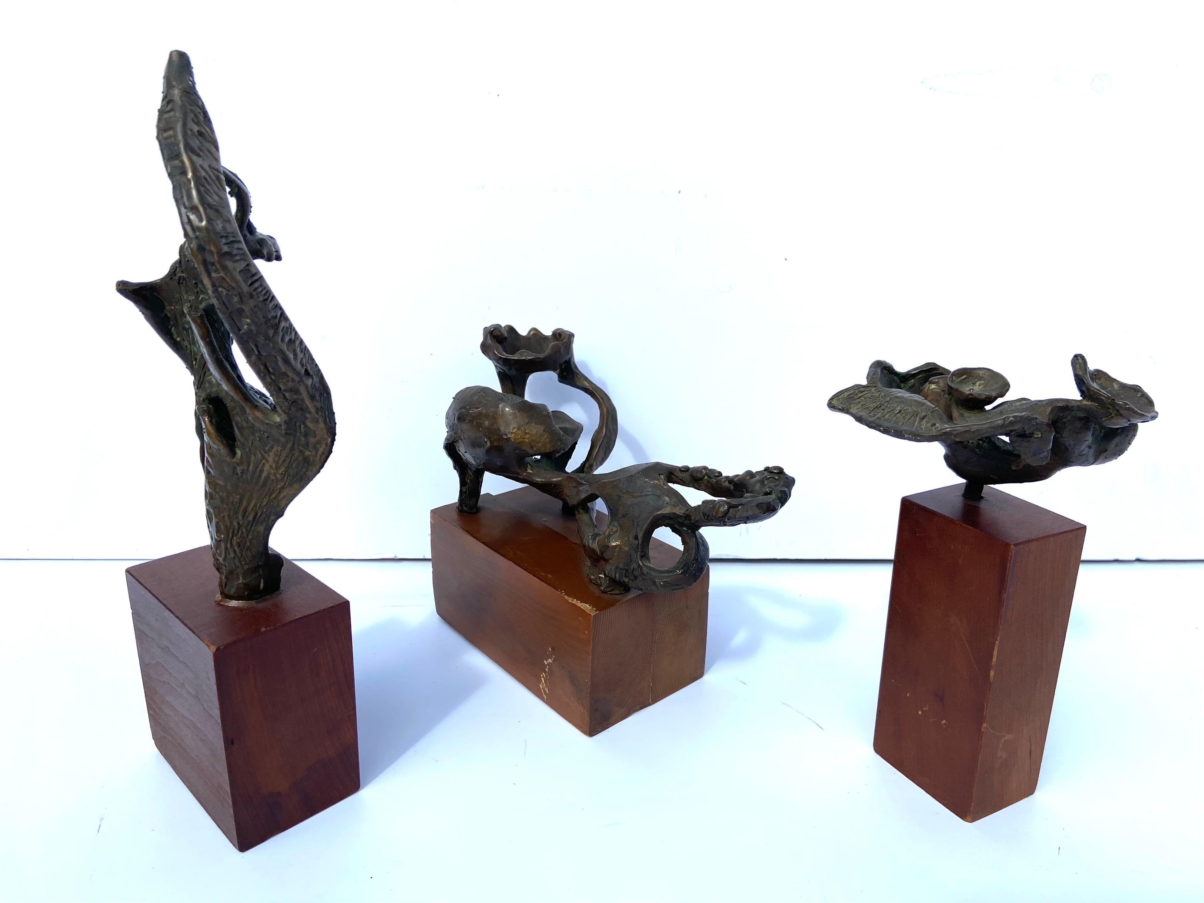 Set of 3 Brutalist Abstract Vintage 20th Century Bronze Sculptures on Wood Bases 5